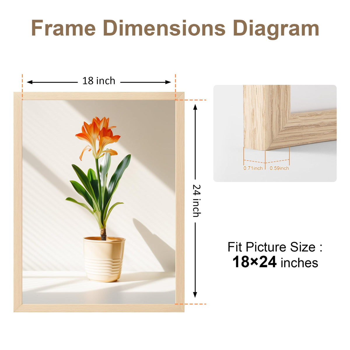 TONES FRAME DESIGN 18x24 Frame Natural Solid Wood Veneer 18 x 24 Poster Frame with Shatterproof Plexiglass, Wall Hanging Modern Wooden Picture Frames 24x18 for Home Office Decor
