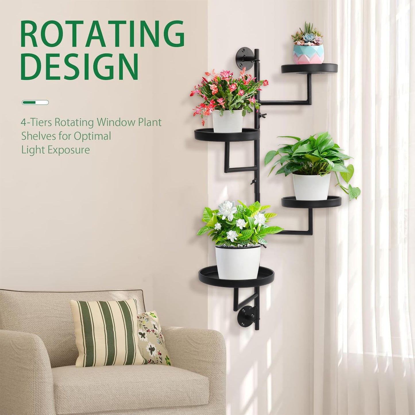Tefola 4 Tier Rotating Window Plant Wall Shelves Indoor, Metal Vertical Plant Stand, Window Planters Hanger, Wall Plant Holder for Multiple Plants Home Decor Wall Decor, Easy Install