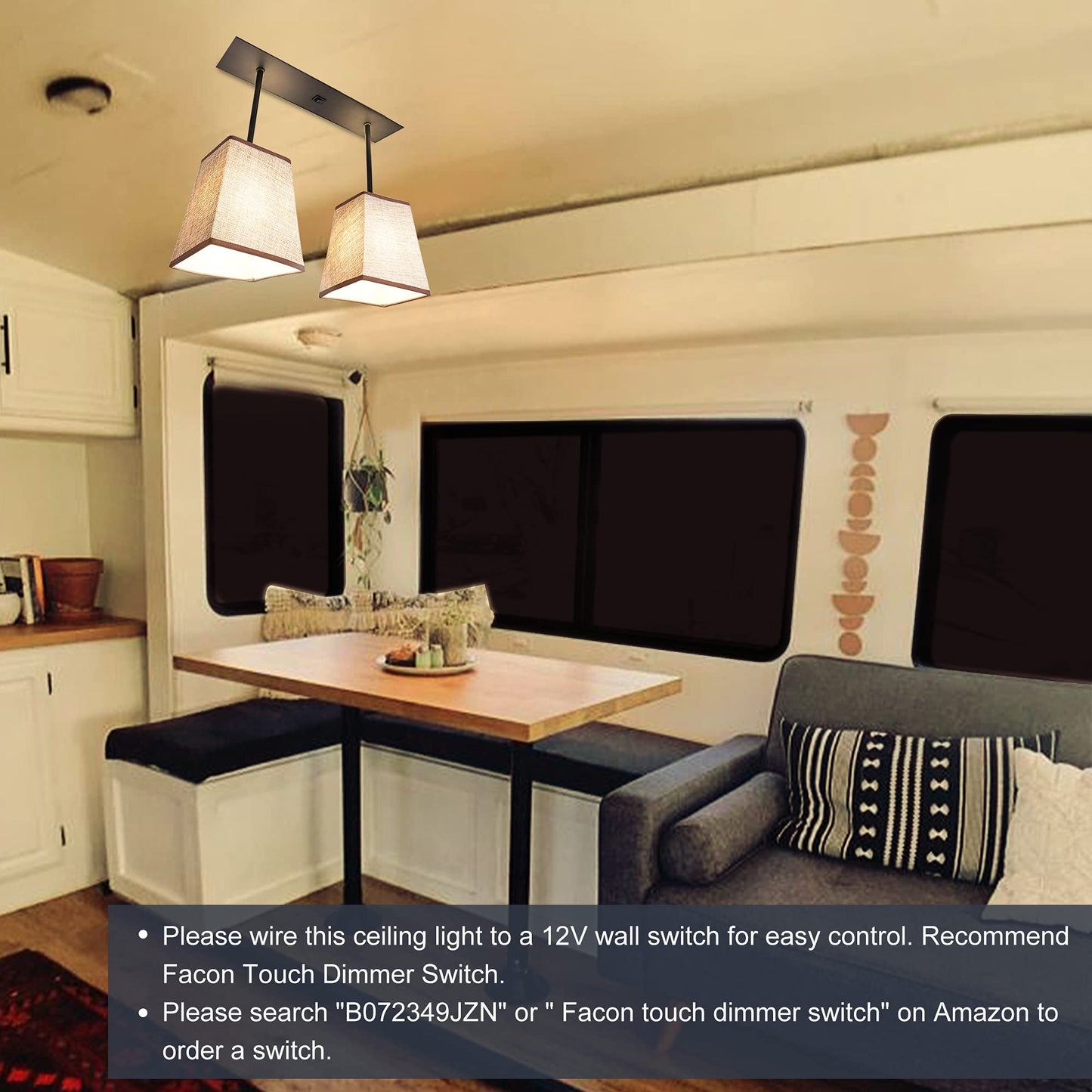 Facon RV Pendent Dining-Room Lamp with 2 Replaceable Bulbs(Included), 12V Interior Light with Switch for RV Motorhome Camper Trailer, Square Brown Fabric Shape