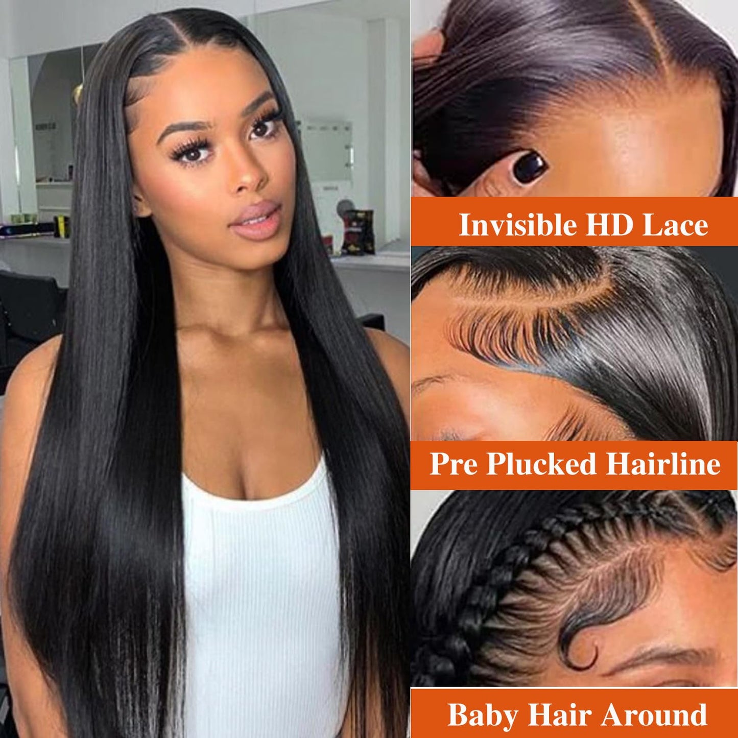 13x6 Lace Front Wigs Human Hair for Women 180 Density HD Transparent 24 Inch Straight Lace Front Wigs Human Hair Pre Plucked Glueless Lace Frontal Wigs Natural Black Color