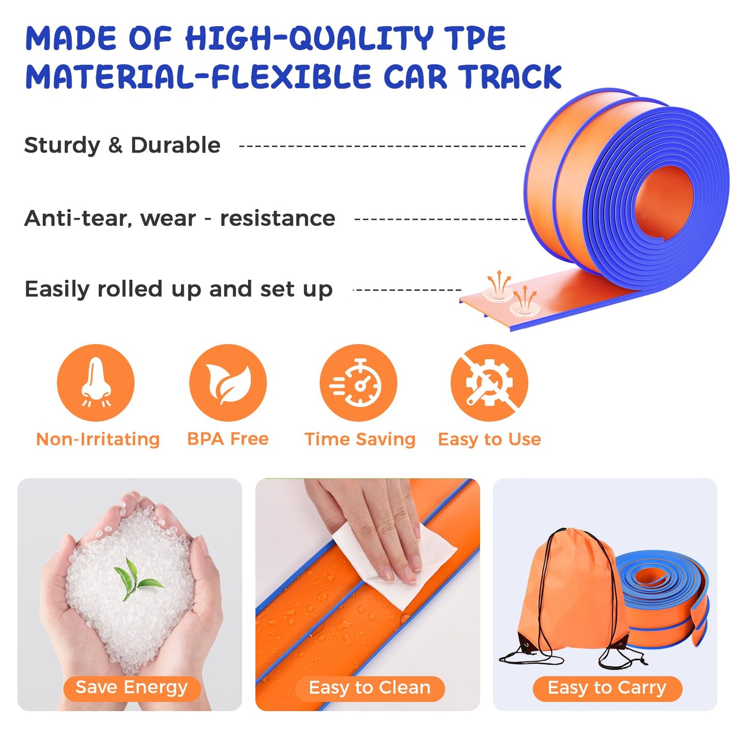 Flexible Race Track for Kids, Portable Flex Track with 4 Strong Suction Cups & 8 Scale Diecast Cars, Flexible Car Tracks for Kids, A Great Birthday Gifts for Boys & Girls Aged 3+ (Orange and Blue)