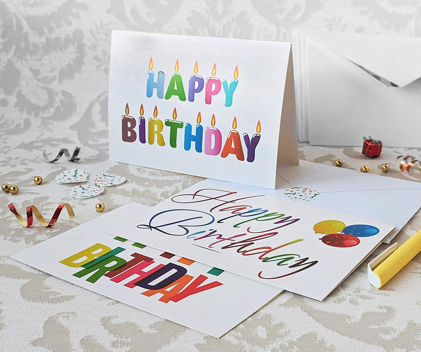 100 Happy Birthday Cards, Large Assorted Greeting Notes with Envelopes and Stickers, 10 Unique Designs, 5x7 Inch, Thick Card Stock Bulk Box Set