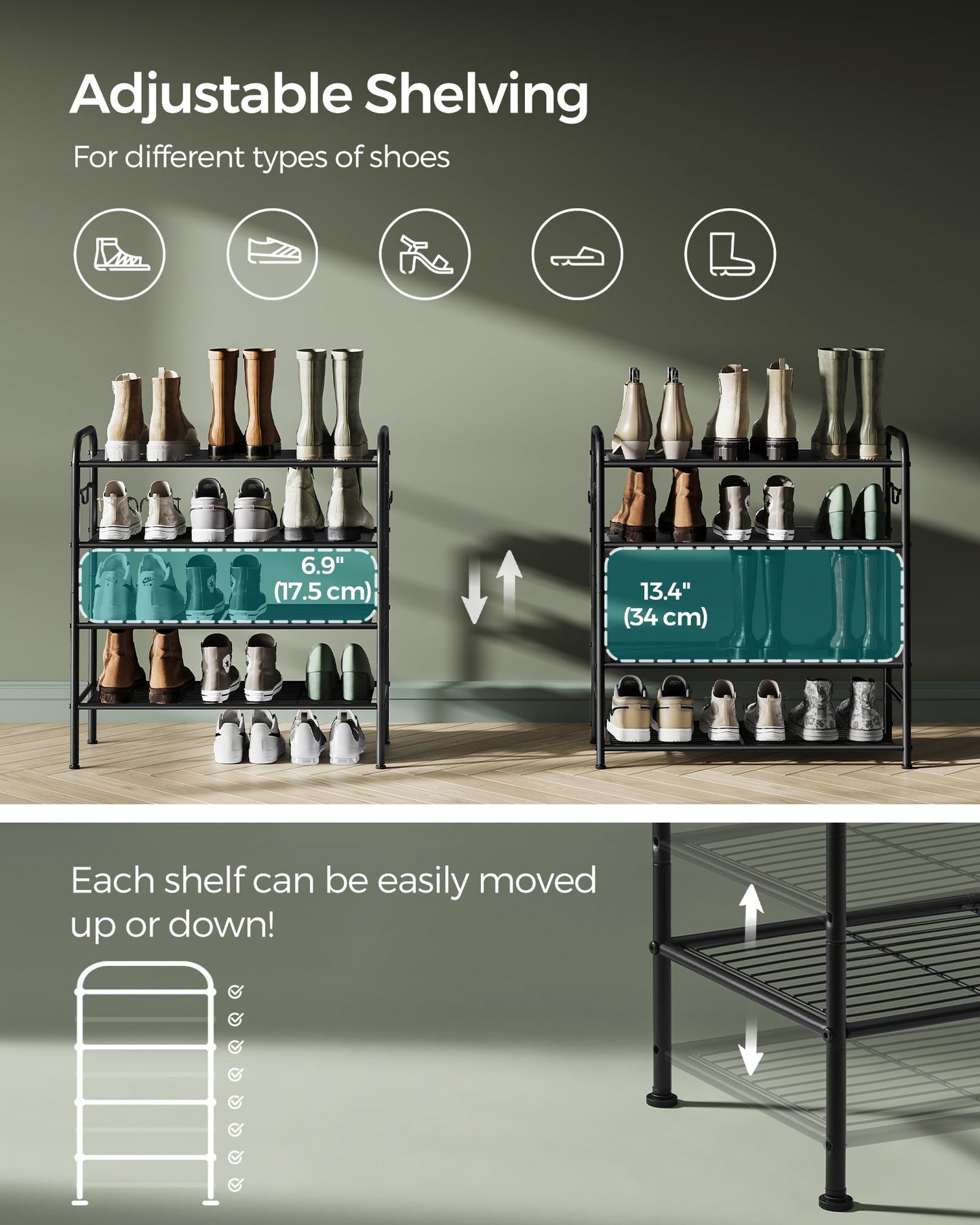 SONGMICS Shoe Rack, 4-Tier Shoe Organizer, Metal Shoe Shelf Storage with 4 Side Hooks, Holds 16 Pairs of Shoes, Height-Adjustable Shoe Rack for Entryway, Hallway, Closet, Easy Assembly, Ink Black