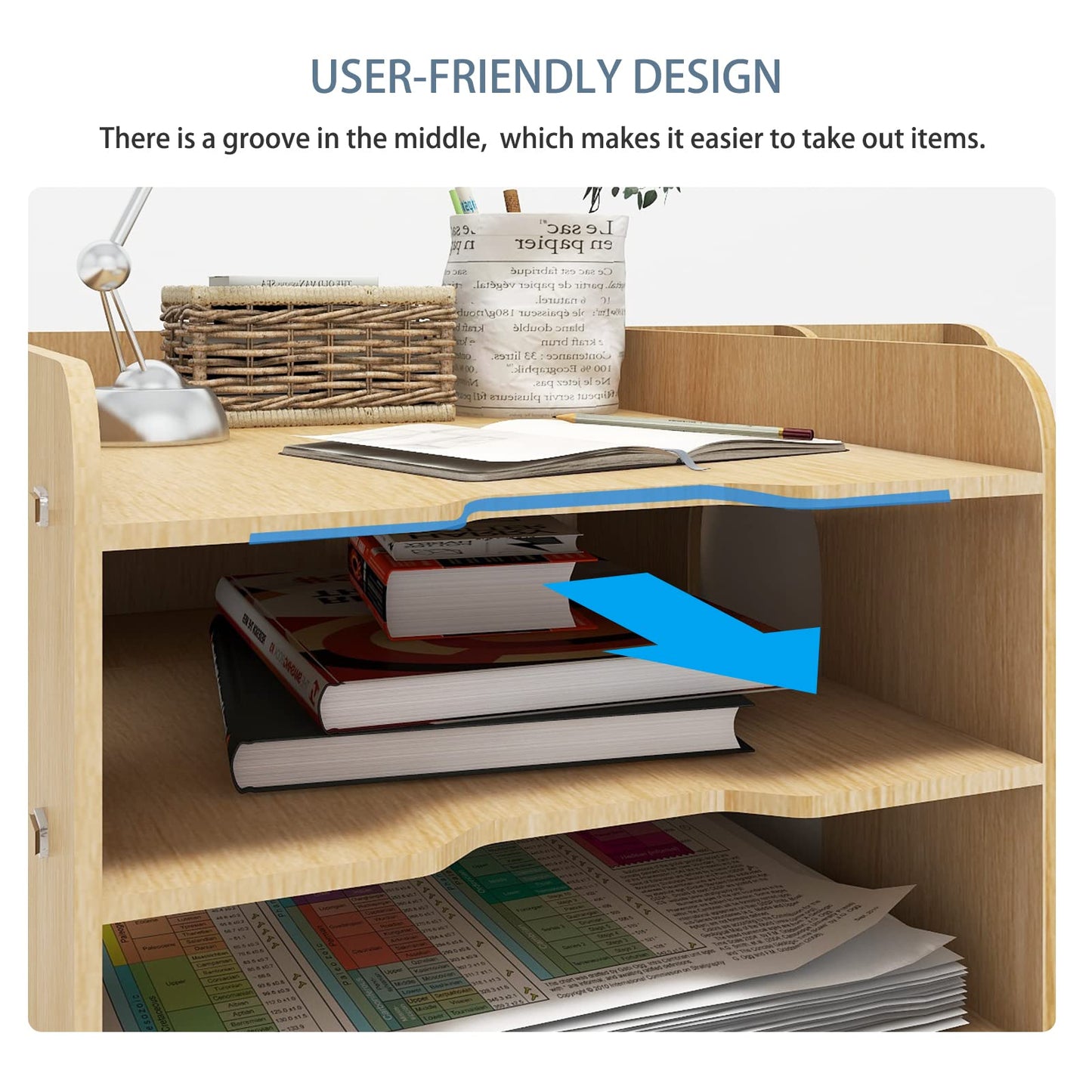 PUNCIA 4 Tier Wooden Desktop Organizer Letter A4 File Rack - Mail Sorter with Vertical & Horizontal File Holder, Tabletop Storage Box for Office Supplies Binders Folders Trays