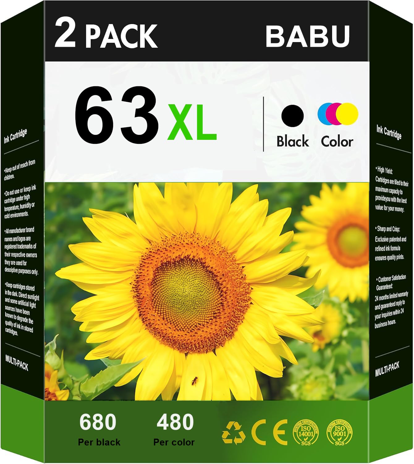 BABU Remanufactured Ink Cartridges Replacement for HP 63xl 63 Work for HP Envy 4510 4520 4522 4525 Deskjet 1112 2130 3630 3640 Officejet 3830 4650 5230 5260 (1 Black&1 Tri-Color)