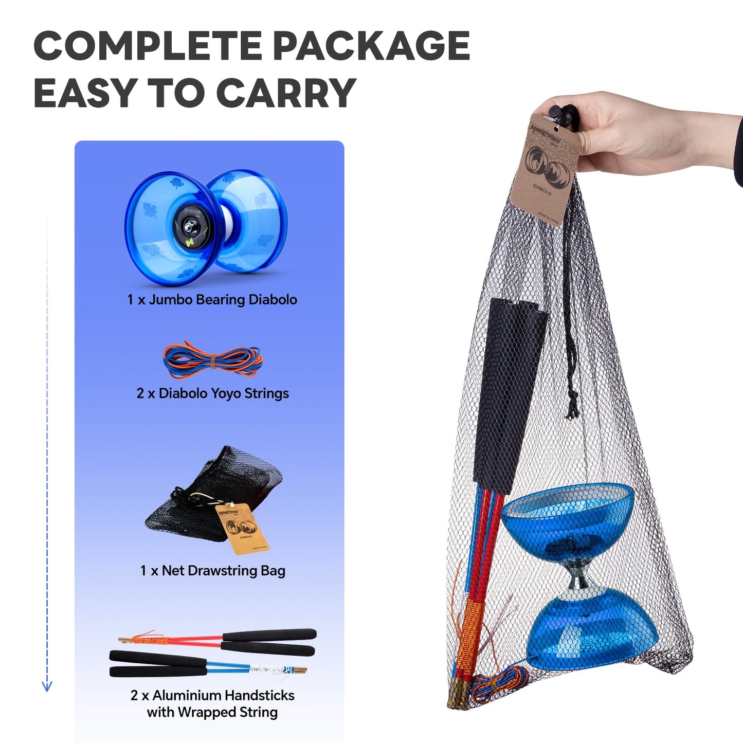 MAGICYOYO Pro Triple Bearing Diabolo Small Size 4” Chinese Yoyo Toy with 2 Pairs Carbon Sticks+ 2 Extra Strings +1 Net Bag, High Performance Chinese Yoyo Diabolo Skill Toy (Blue)
