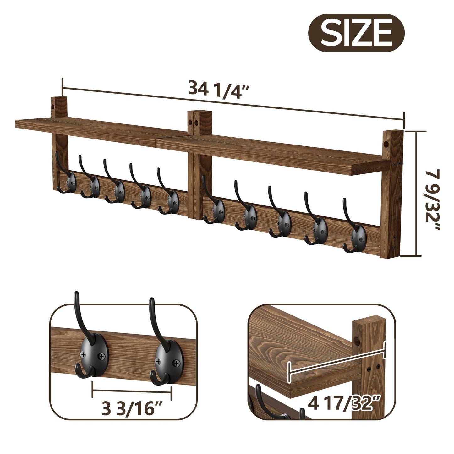 AMBIRD 34.2inch Wooden Extra-Long Wall Hook Rack with Shelf - Versatile and Decorative Wall-Mounted Storage - 10 Hooks for Hanging Coats, Hats, Scarves - Ideal for Entryways, Bedrooms, Closets