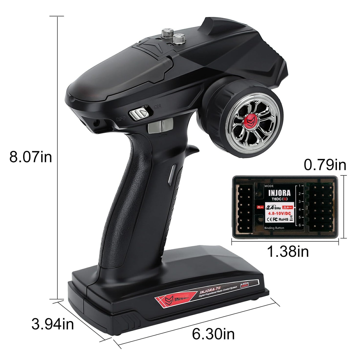 INJORA RC Transmitter 2.4GHz 6CH Controler and Receiver for 1/8 1/10 RC Car Boat Tanks Crawler TRX4 SCX10(T6DC)