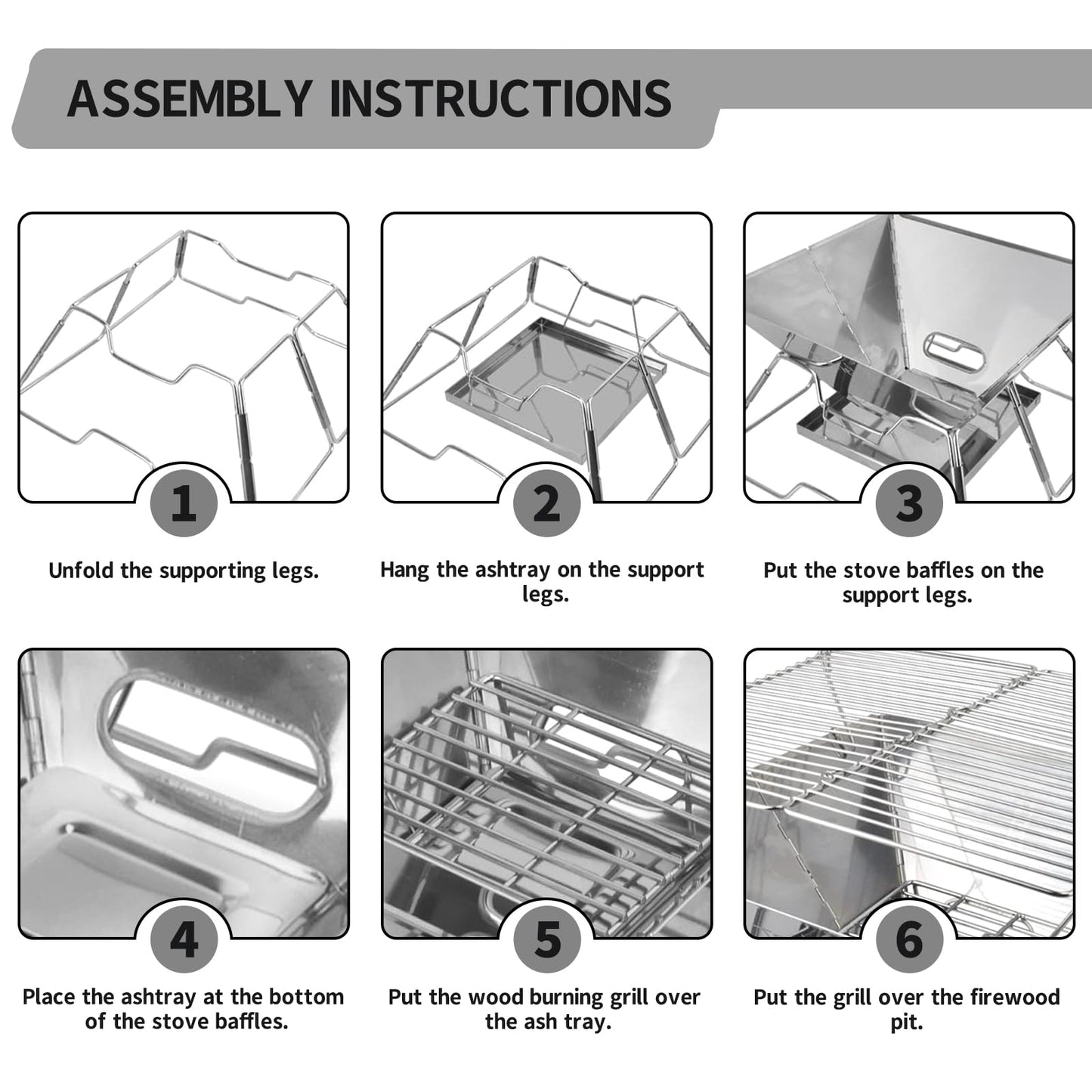 Collapsible Stainless Steel Fire Pit -OZHOMY Portable 304 Stainless Steel Grill Campfire Pit Liftable Wood Burning Charcoal Grill with Ashtray for Camping Picnics Backpacking Backyard Garden (Large)