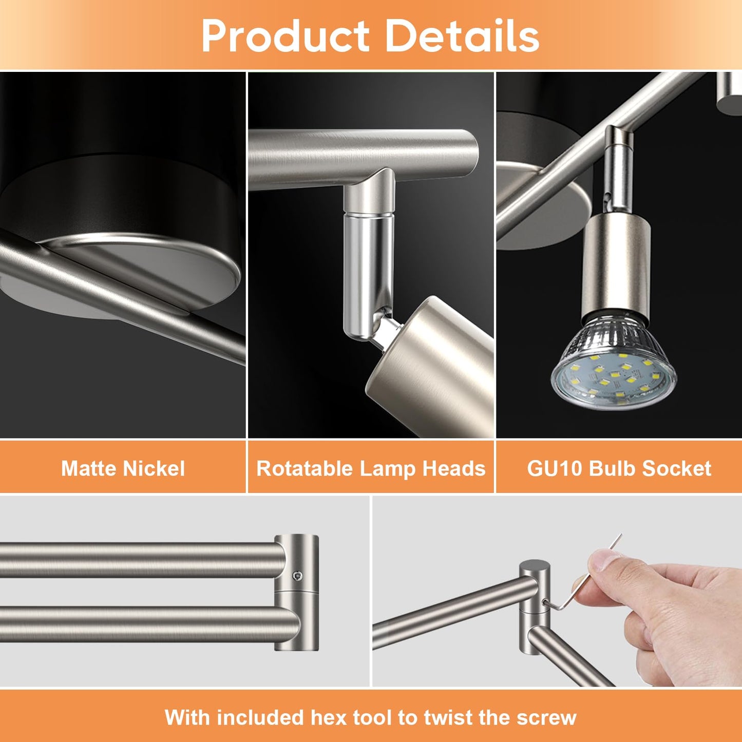Unicozin 6 Light Track Lighting Kit, Matt Nickel LED Track Light with Flexibly Rotatable Light Head, Foldable Ceiling Spot Light Included LED GU10 Bulbs (4W, 400LM, Daylight White 5000K)