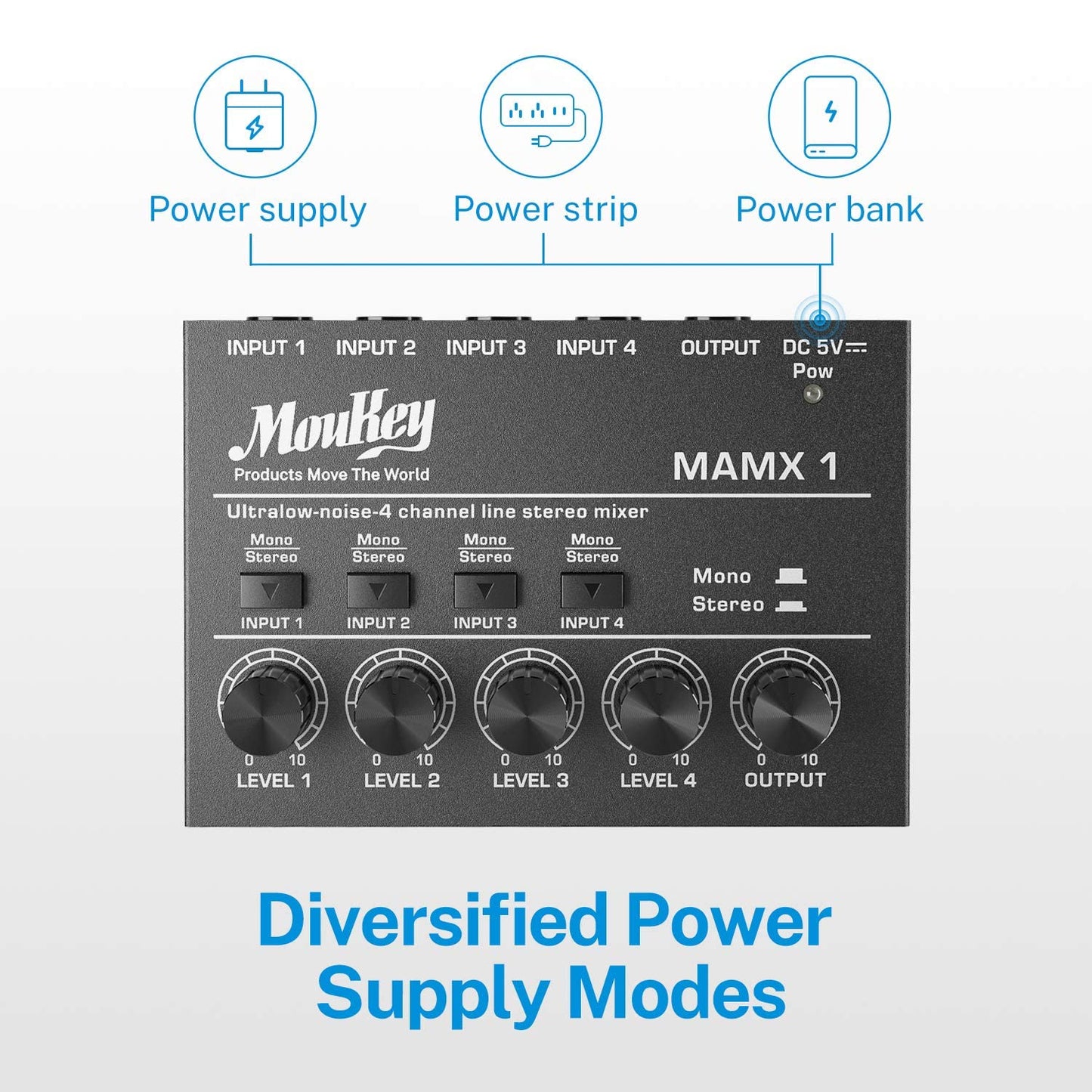 Moukey Stereo Mini Audio Mixer, Ultra Low-Noise 4-Channel Line Mixer for Sub-Mixing, DC 5V Audio Mixer with USB Cable, Ideal for Small Clubs or Bars, As Microphones, Guitars, Bass, Keyboards-MAMX1