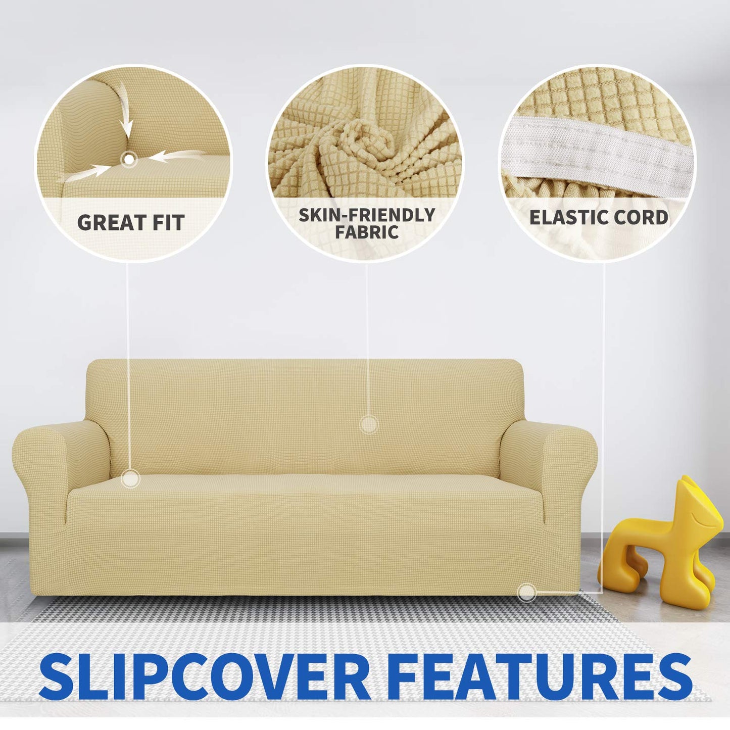 MAXIJIN Super Stretch Couch Cover for 3 Cushion Couch, 1 Piece Universal Sofa Covers Living Room Jacquard Spandex Furniture Protector Dogs Pet Friendly Fitted (Large, Beige)