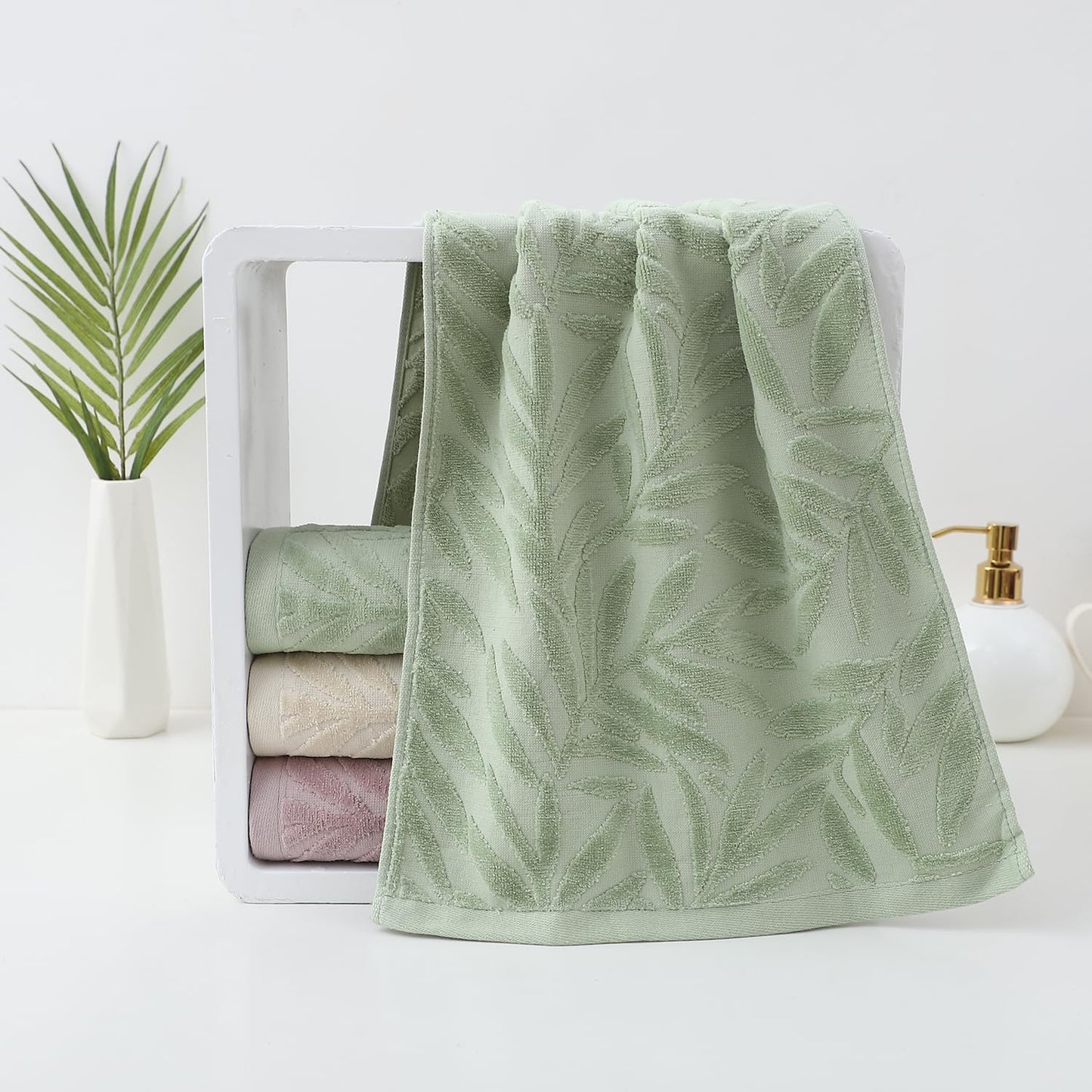 Pidada Hand Towels Set of 4 Leaf Pattern 100% Cotton Absorbent Soft Decorative Towel for Bathroom (Green)