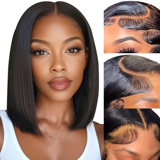 Bob Wig Human Hair 12 Inch 5x5 Lace Front Wigs For Black Women 150% Density Brazilian Virgin Hair Short Bob Wigs Natural Color Pre Plucked With Baby Hair Straight Hair Wigs