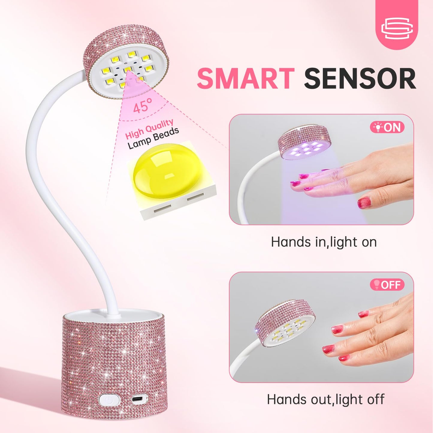 CHRISTINE SHELLY UV LED Nail Lamp, Mini UV Light for Gel Nails Polish, Rechargeable LED Flash Cure Nail Dryer, Quick Drying Goosenecks UV Nail Lamp for Home Nail Salon DIY Manicure, Pink Diamond