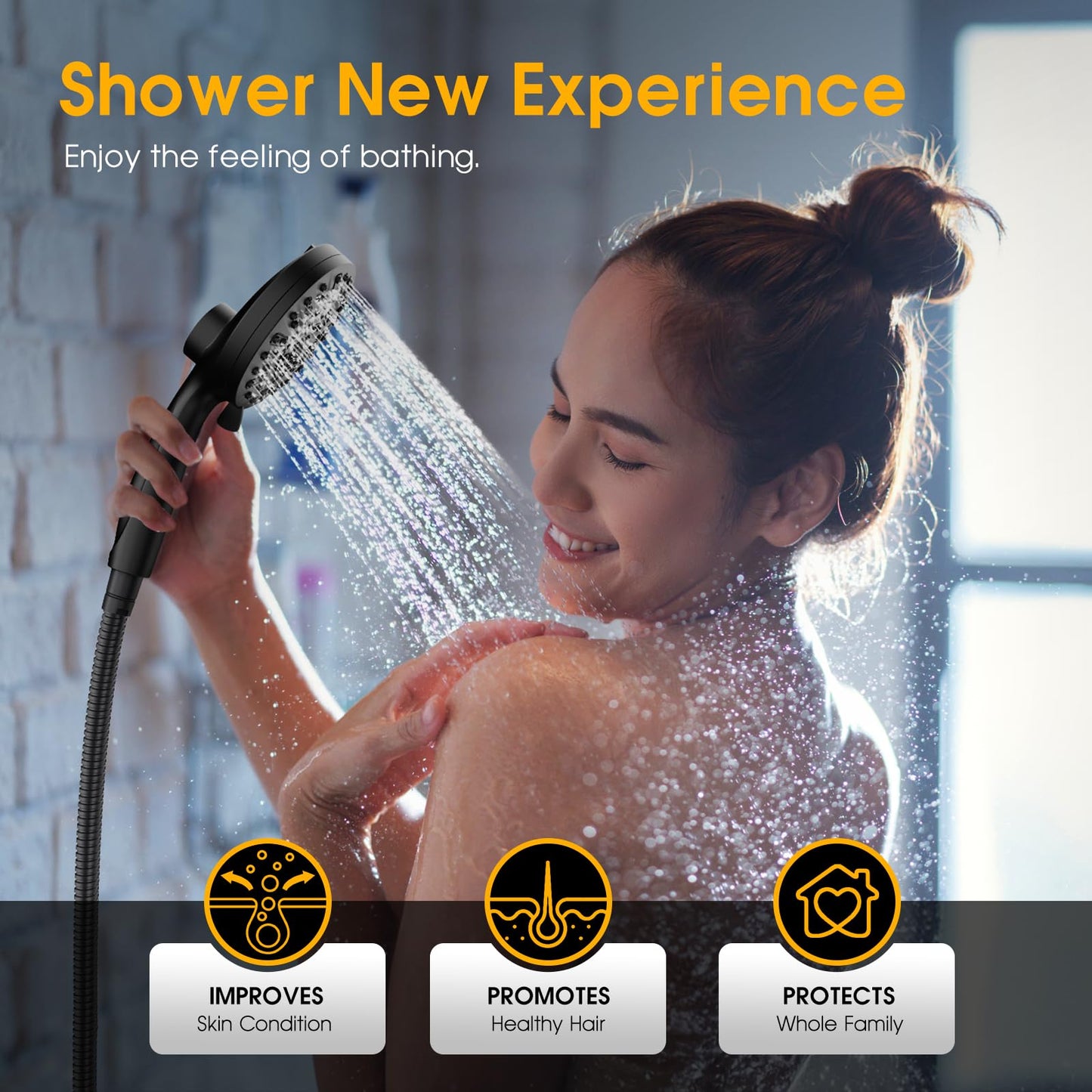 High Pressure 10 Ways Handheld Shower Head Matte Black- Anti-Clog Nozzles, Built-in Power Wash to Clean Tub, Wall & Overhead Brackets,Magnetitc Rainfall Shower Wand,Built-in 2 Power Jet (Black)