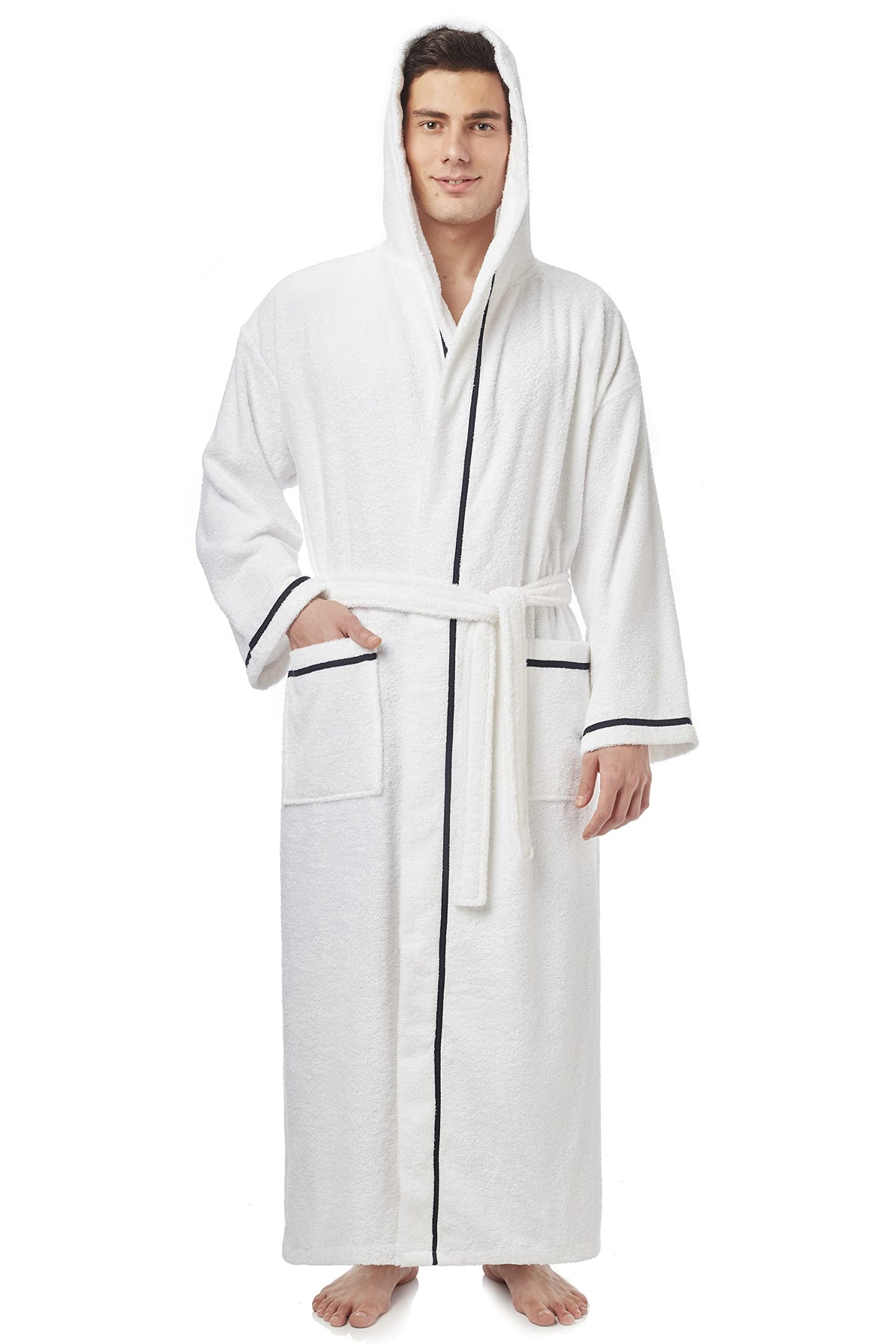 Arus Men's Hooded Classic Bathrobe Turkish Cotton Robe with Full Length Options, White With Navy Blue Border, Large-X-Large Extra Tall