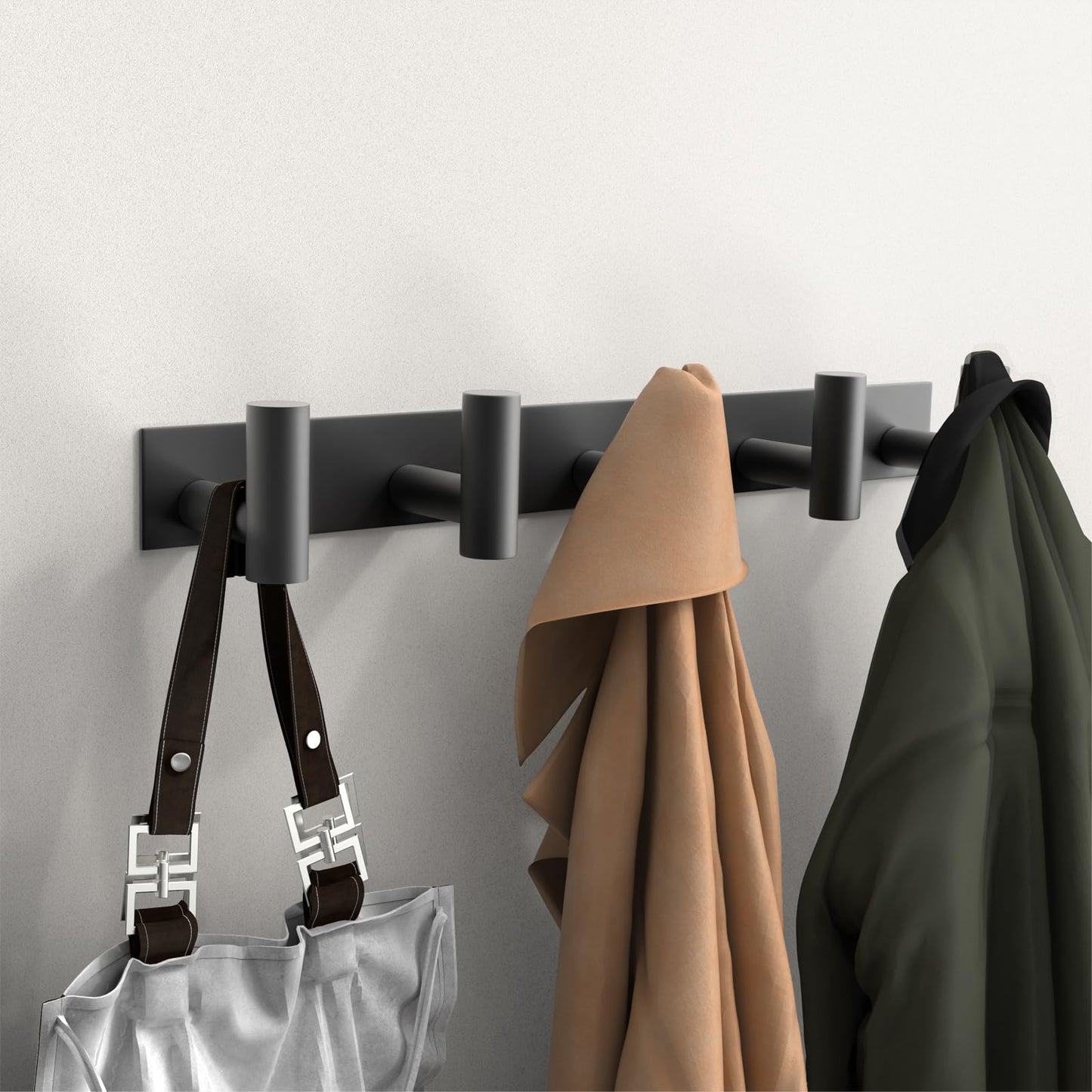 PMMASTO Coat Rack Wall Mount with 5 Coat Hooks, Heavy Duty Stainless Steel T Shaped Wall Hooks for Hanging Hat Towel Robes, Coat Hanger in Bathroom Kitchen Entryway (Black, 2 Pack)