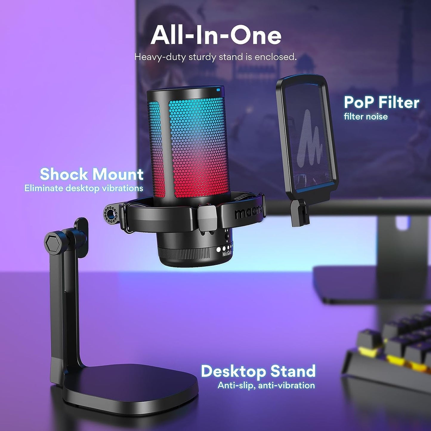 MAONO USB Gaming Microphone for PC, Noise Cancellation Condenser Mic with RGB Lights, Mute, Gain for Streaming, Recording, Podcast, Chat, Twitch, YouTube, Discord, Computer, PS5, PS4, DGM20 Black