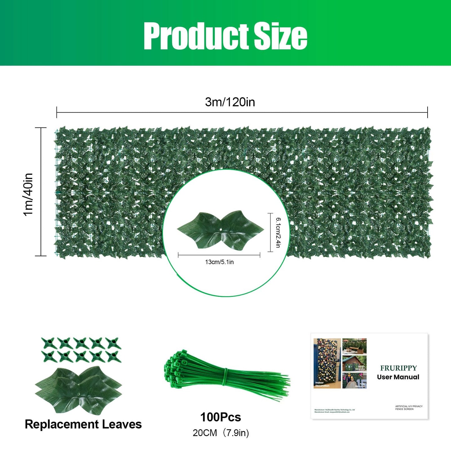 UPGRADED Artificial Ivy Privacy Fence Screen 40x120in, Artificial Faux Ivy Hedge for Garden and Balcony, Faux Leaves Privacy Fence with 100PCS Zip Ties and Replacement Leaves,Nail (Upgraded 1 * 3m)