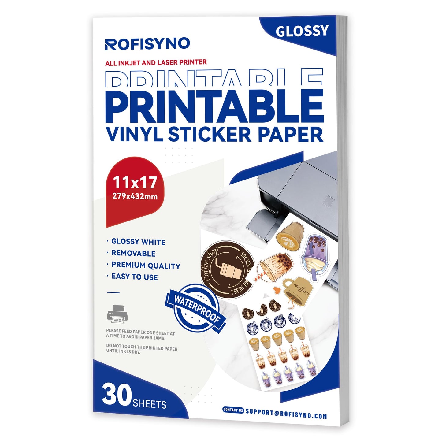 11x17 Printable Vinyl Sticker Paper Waterproof, Removable Self Adhesive Vinyl Sticker Sheets for Inkjet and Laser Printer, 30 Pack, Tabloid Size, Glossy White
