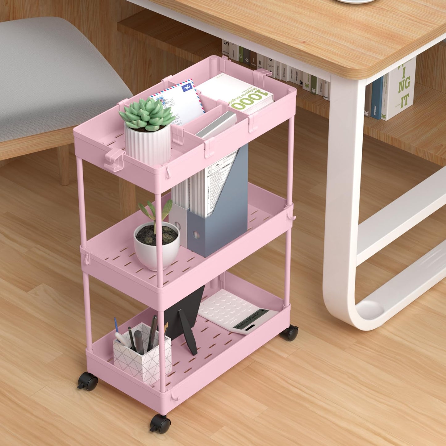 SPACELEAD Slim Storage Cart,3 Tier Bathroom Rolling Organizer Slide Out Mobile Shelving Unit Trolley for Office Kitchen Laundry Room Narrow Places, Pink
