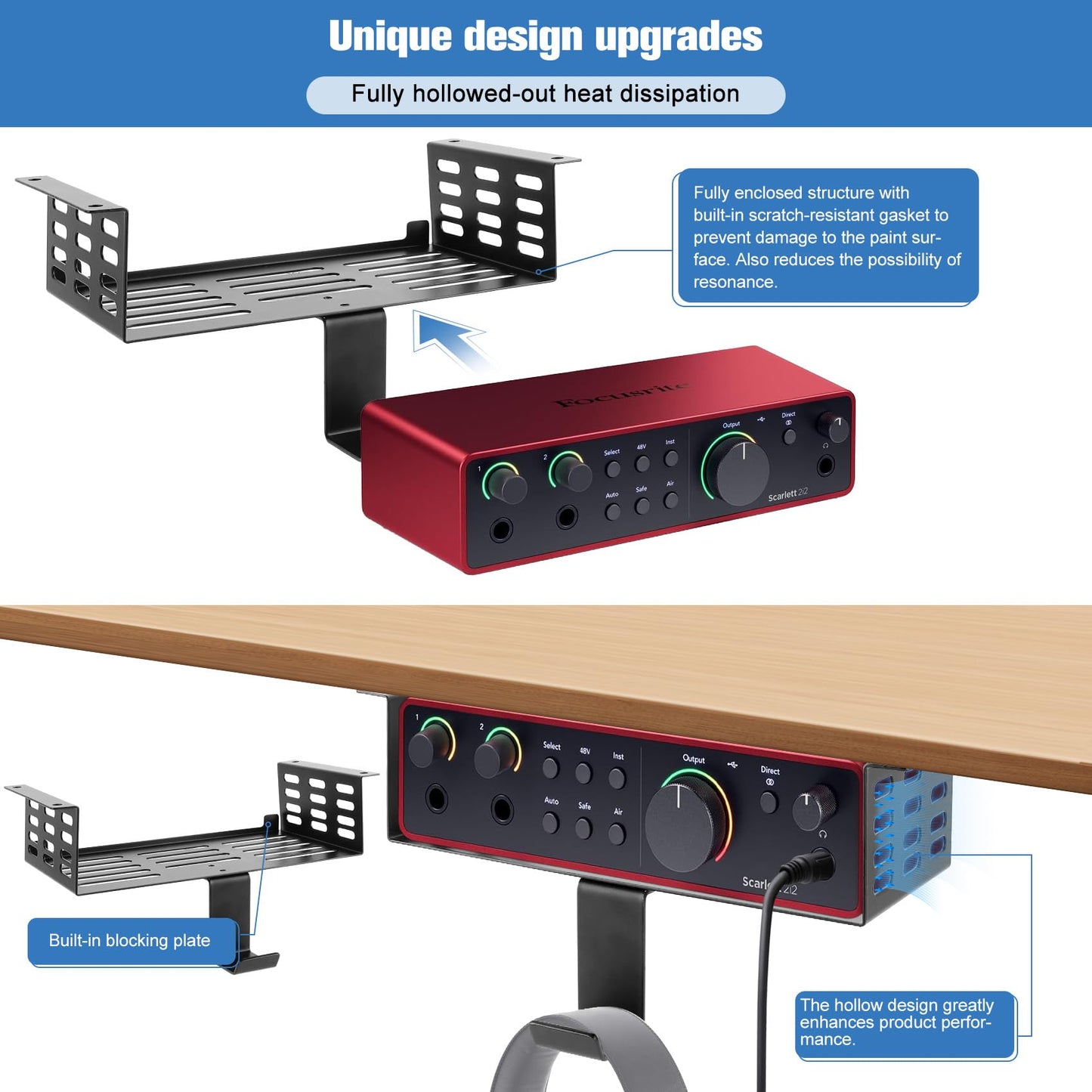 Metal Under Desk Mount for Focusrite Scarlett 2i2 4th Gen with Adjustable Headphone Hanger Stand, Metal Under Desk Mount for Audio Interfaces and Studio Gear (Only for Focusrite Scarlett 2i2 4th Gen)