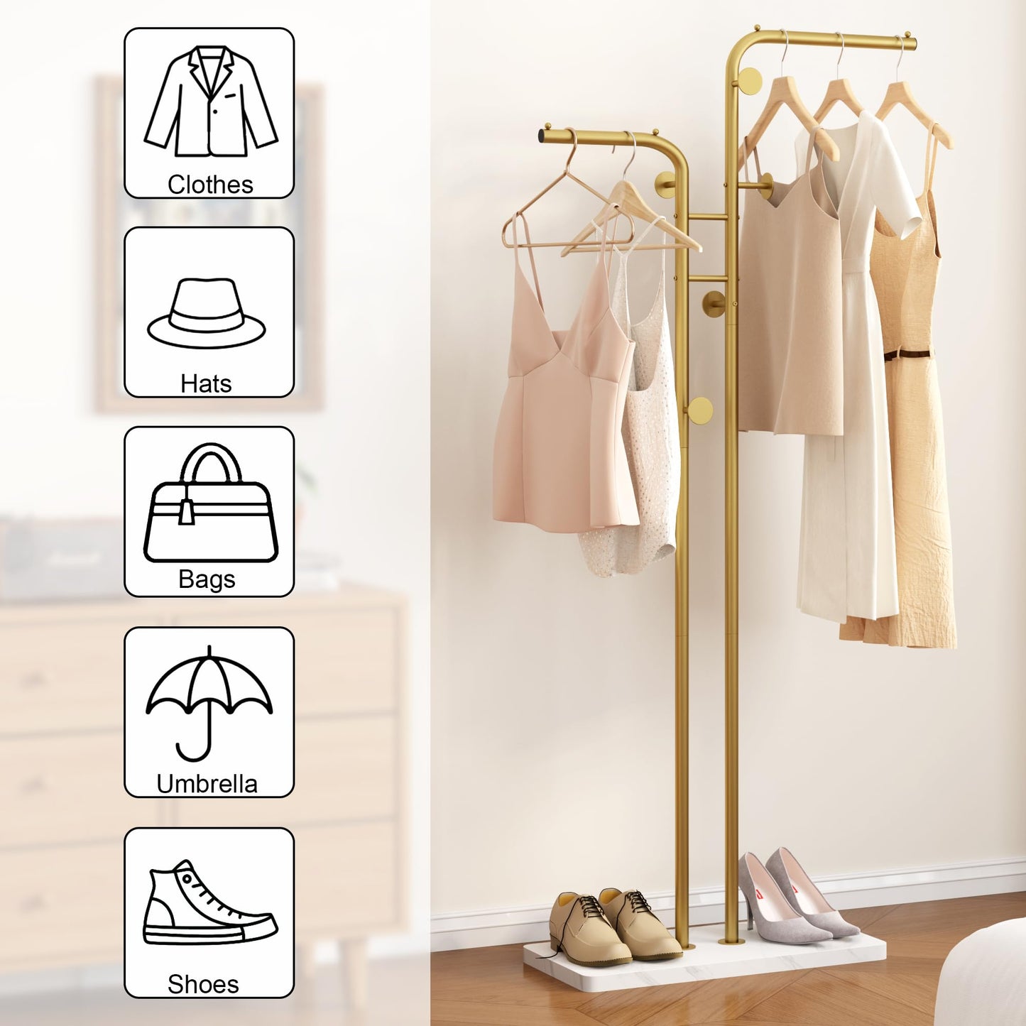 HOMEFORT Double-pole Coat Rack, Freestanding Metal Coat Racks, Clothes Hat Stand with 5 Hooks for Closet, Bedroom, Entryway, Living Room, Gold