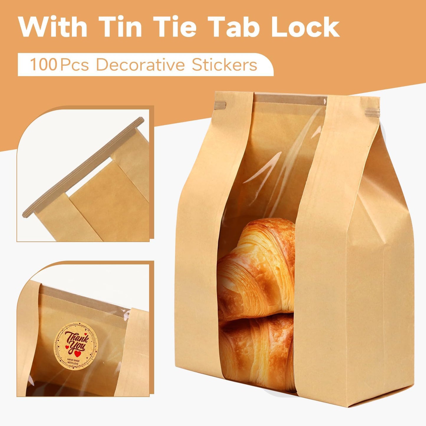 Qeedee 100 Pcs Paper Bread Bags for Homemade Bread Gift Giving, Sourdough Bread Bags with Tin Tie Tab, Kraft Toast Bags with Clear Window and Seal Stickers for Bakery, Treat Packaging, Home Kitchen
