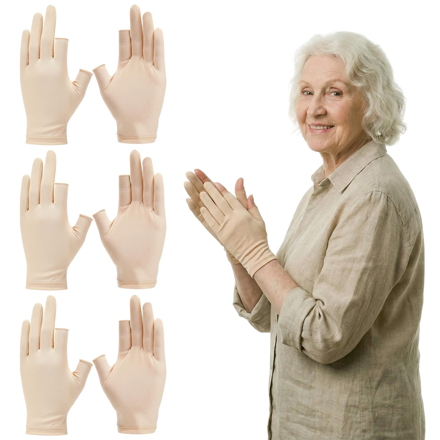 Shinymoon 3 Pairs Elderly Thin Skin Protector Gloves Fingerless Hand Protection Glove Thumb Index Fingers Cut Out Lightweight Soft Protective Glove for Prevent Bruising Cover Bruise Abrasion