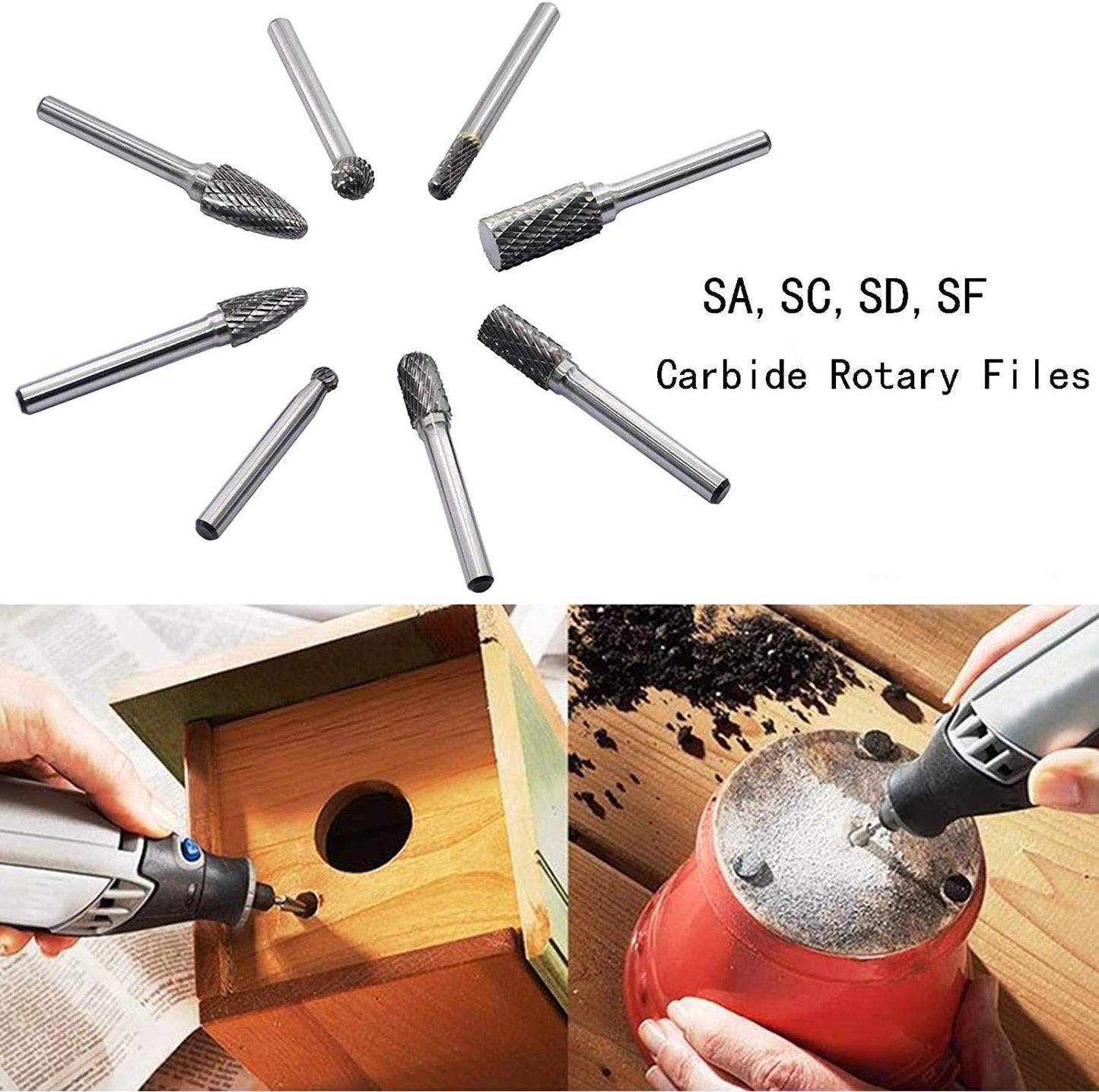 Die Grinder Bits, Carbide Rotary Burr Set 1/4 Shank, 8PCS Double Cut Deburr Bits Grinding Tool for Metal Wood Jade Carving Engraving Polishing Drilling Milling Cutting