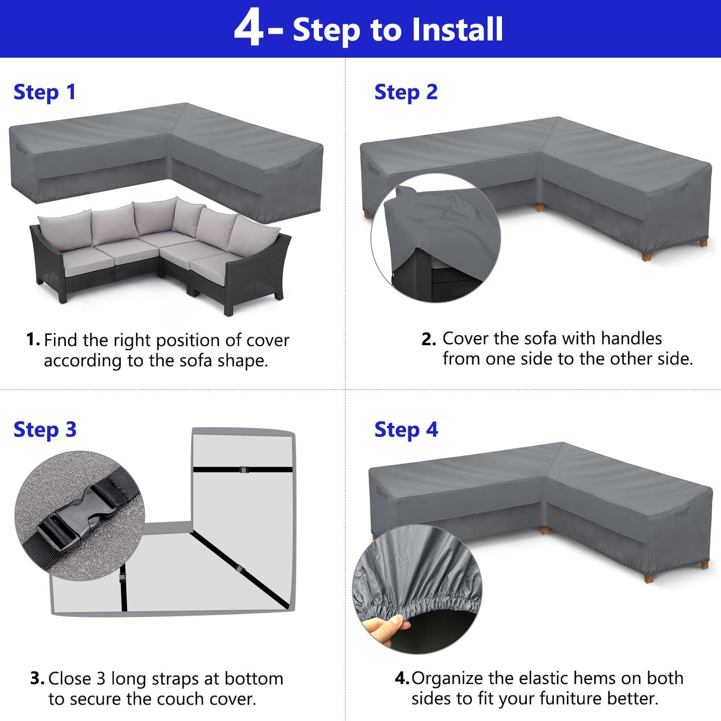 STARTWO Outdoor Sectional Sofa Cover Waterproof 85" Lx85 L V-Shaped Patio Furniture Covers for 5-Seater Sectional Couch,Windproof with Buckles,Grey