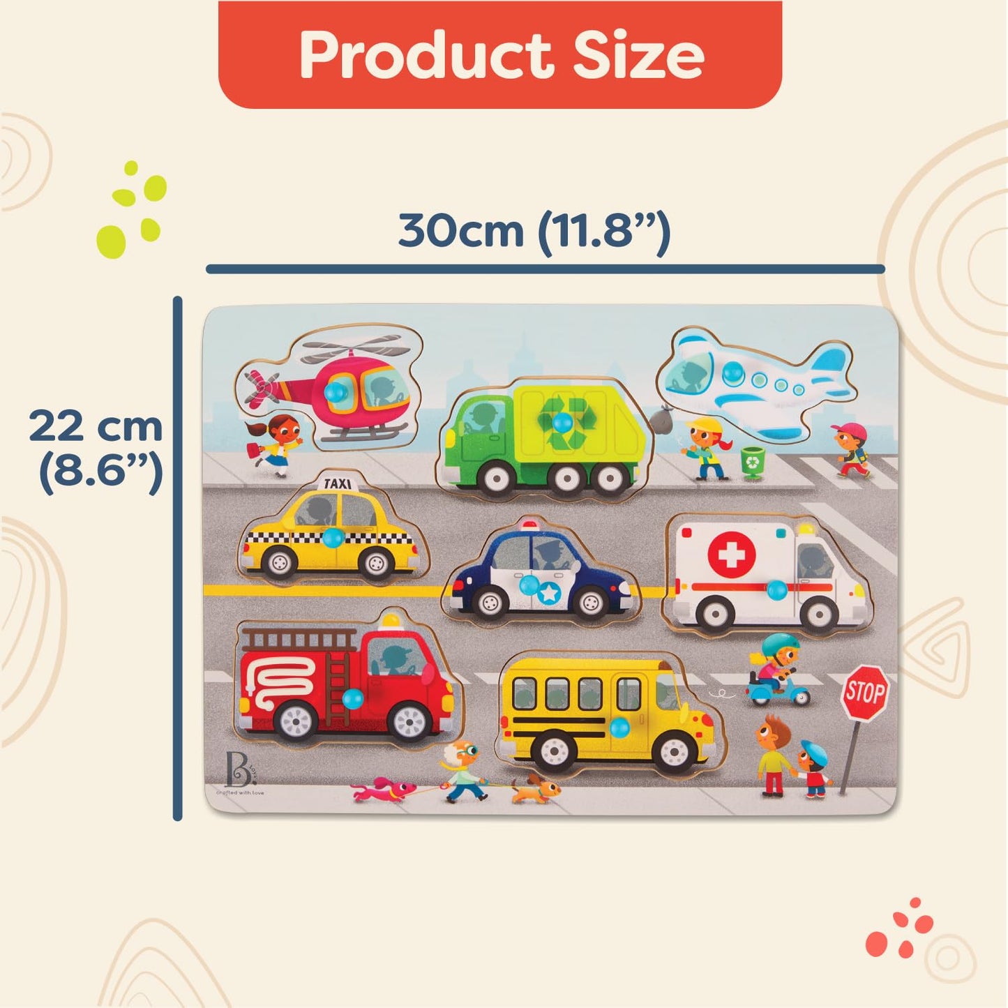 B. Toys – Peek & Explore Puzzle 4 – Pack – Wood Toys for Toddlers, Kids – 8 Pieces Each – Vehicles, Trucks, Animals, Barnyard – 2+ Years