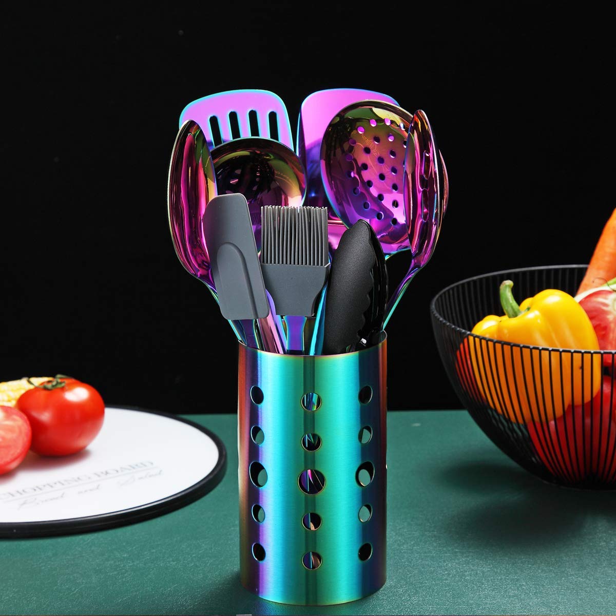 HOMQUEN Rainbow Kitchen Utenisls Set, Stainless Steel Cooking Utenisls Set with Titanium Rainbow Plating, Kitchen Tools Set with Utensil Holder for Non-Stick Cookware Dishwasher Safe (13 Packs)