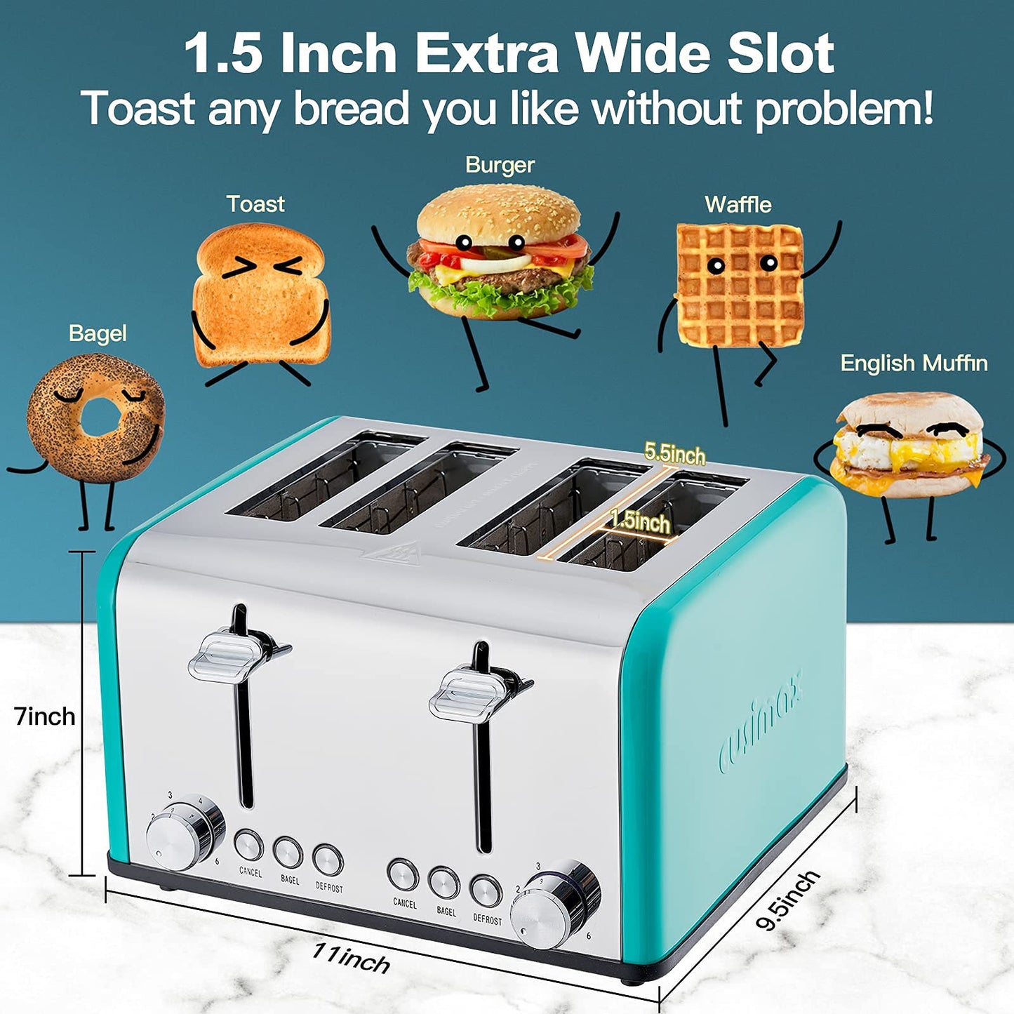 Toaster 4 Slice, CUSIMAX Stainless Steel Toaster, Bread Toasters 4 Extra Wide Slot with Bagel/Defrost/Cancle Function,6 Shade Settings with Removable Crumb Tray, Green