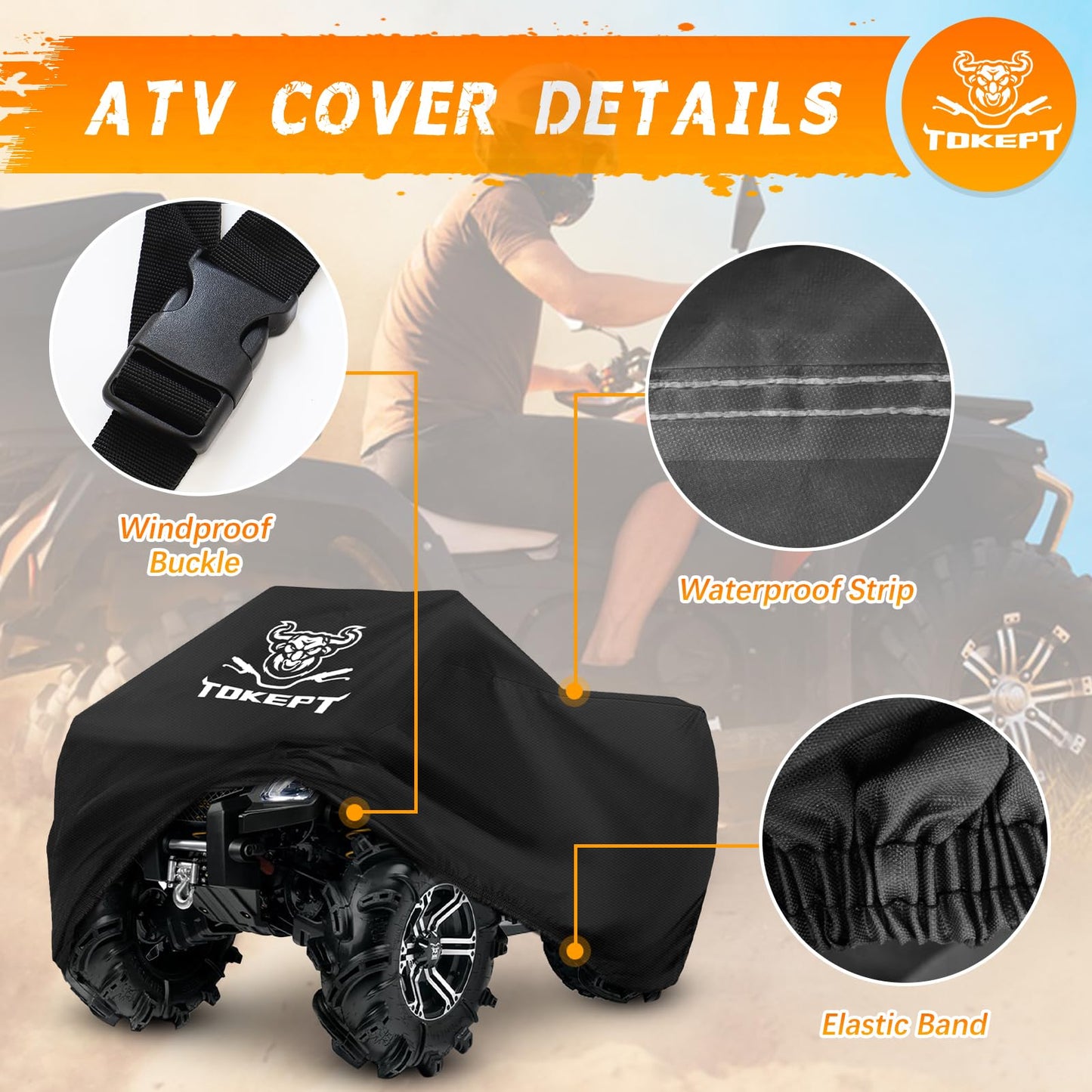 Tokept ATV Cover, Heavy Duty Black Waterproof Oxford Fabric Protective 4 Wheeler Quad Cover for 82" Kawasaki Honda Polaris Yamaha (82''L x 47''W x 45''H)