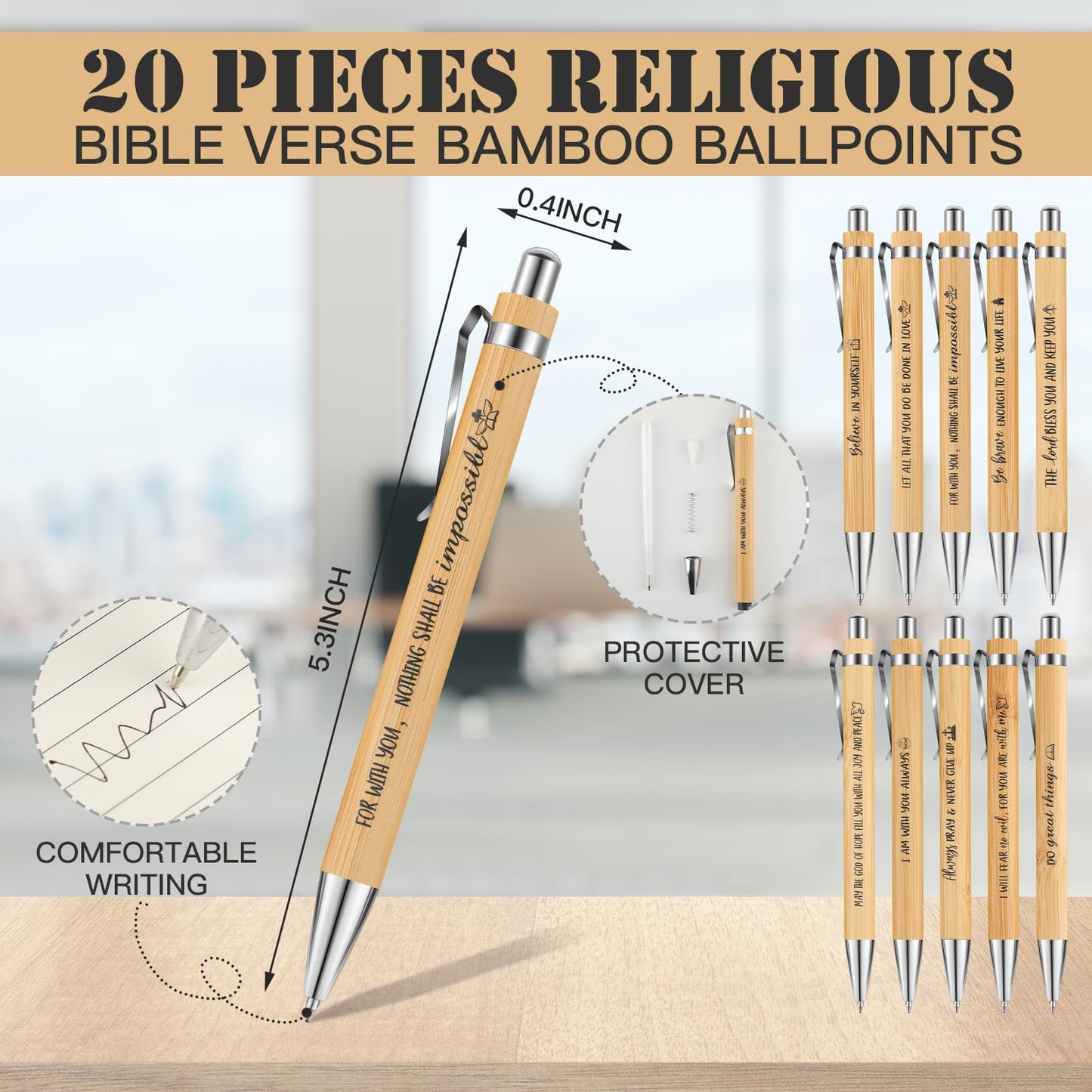 Yeaqee 80 Pcs Christian Gifts Retractable Bamboo Pen Bible Verse Inspirational Notebook Keychain Organza Bags for Women Men Gifts