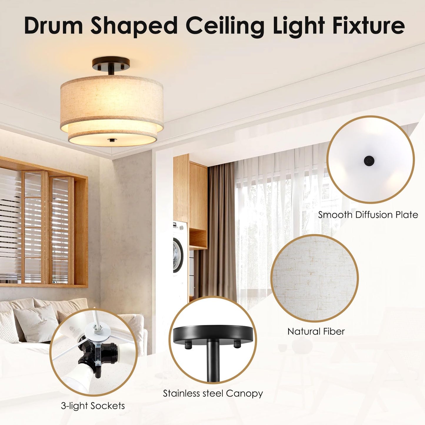 Ceiling Light,2-Layer Drum Shaped Light Fixture Ceiling,3 Light Semi Flush Mount Ceiling Light, 12.6“ Modern Fabric Ceiling Light Fixtures,Ideal Bedroom Light Fixtures Ceiling,Living Room,Kitchen