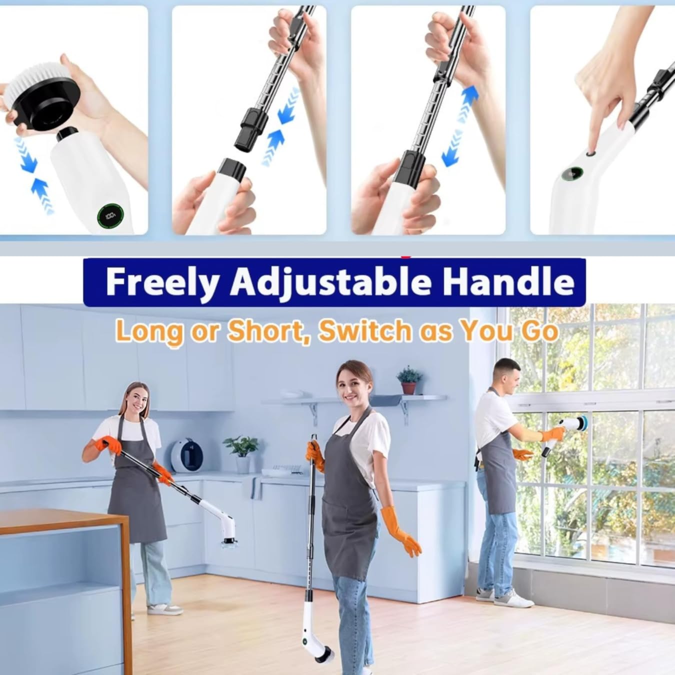 10-in-1 Electric Spin Scrubber Cordless Electric Cleaning Brush with 8 Replaceable Heads, Adjustable Long Handle, IPX7 Waterproof Shower Scrubber for Bathroom, Kitchen, Tile, Floor, Car
