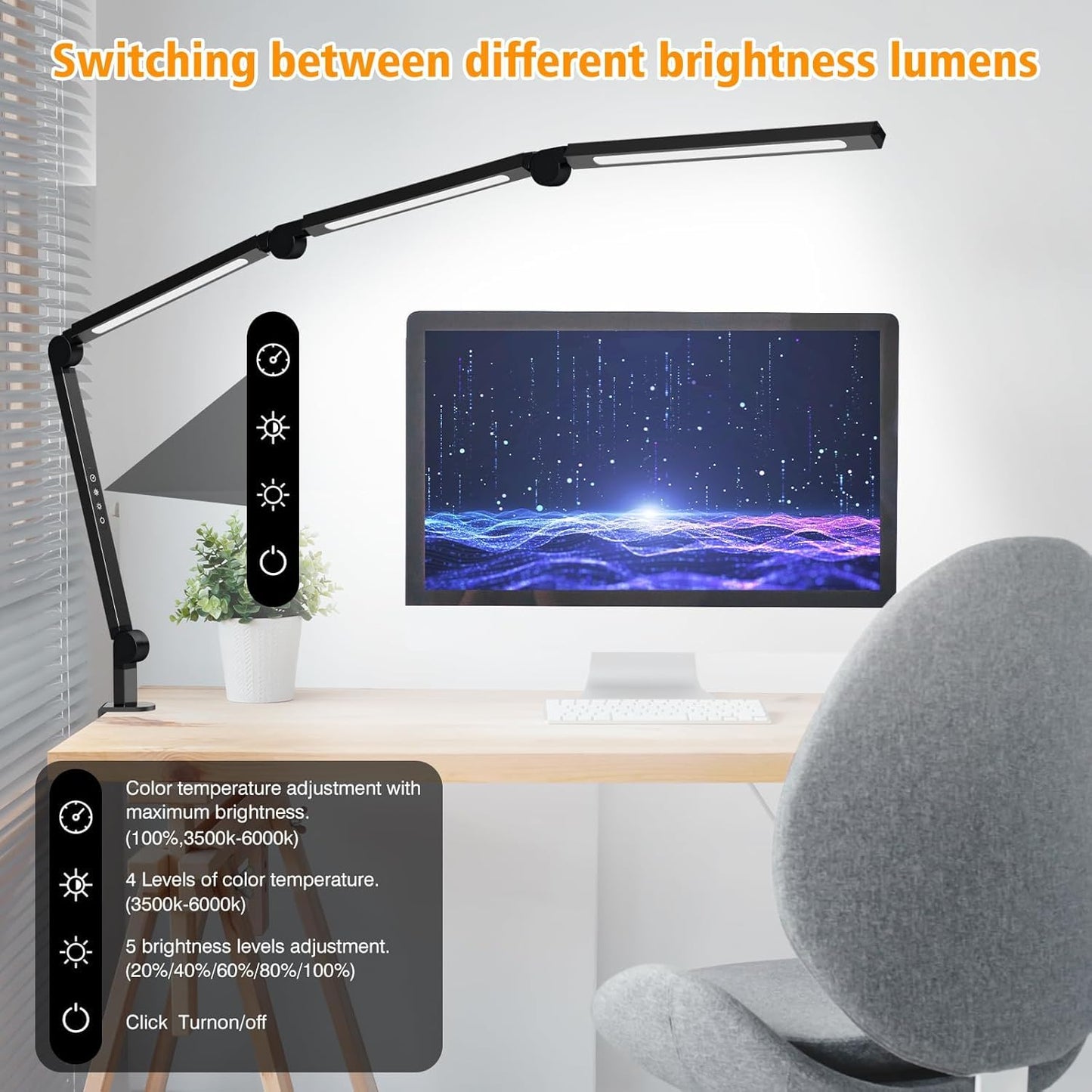 AILBTON LED Desk Lamp with Clip,Multi-Angle Flexible 4 Sections 3 Light Sources Office Desk Lamp,4 Color Temperatures and 5 Brightness Levels,Night Eye Care Table Lamp