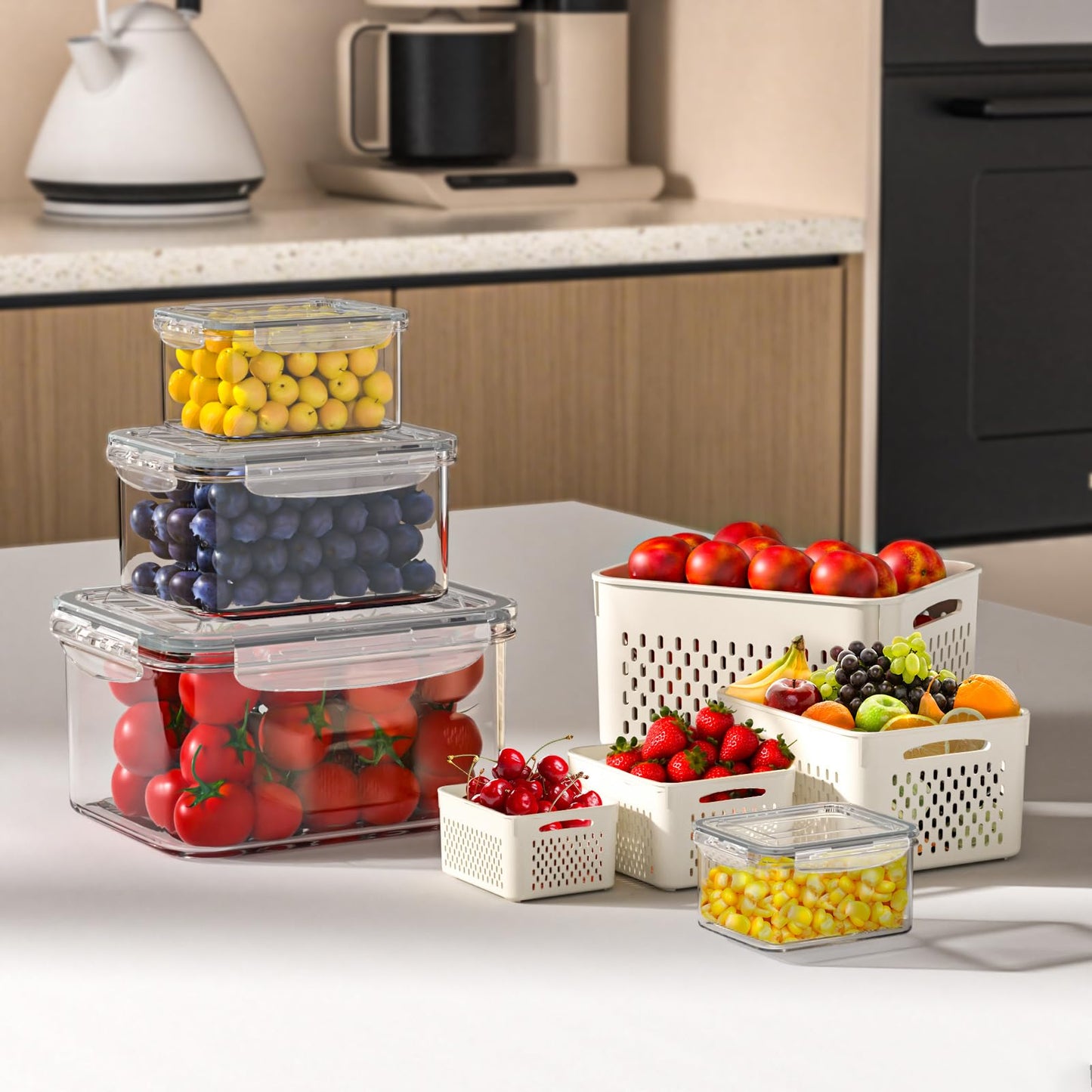 8 Pcs Fruit Storage Containers For Fridge with Removable Colander, Airtight Food Containers, Keep Fruits, Vegetables, Berries, and Meats Fresh Longer, Dishwasher and Microwave Safe (8 Pack)