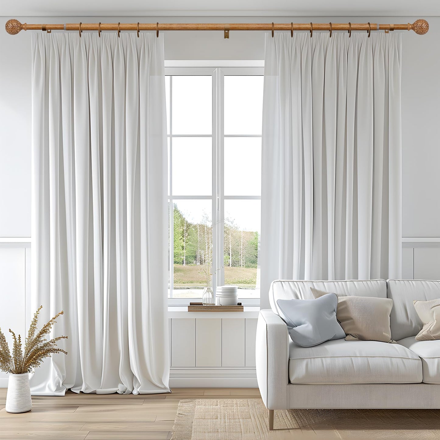 QDWIS Boho Natural Wood Curtain Rods for Windows 66 to 120 inch, 1" Adjustable Heavy Duty Window Curtain Rod with Imitation Wood Grain Finials,Rustic Decorative Drapery Rods Set,Size:36''-120''