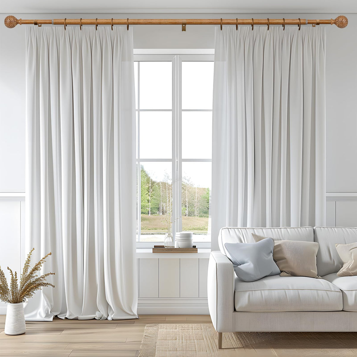 QDWIS Boho Natural Wood Curtain Rods for Windows 72 to 144 inch,1" Adjustable Heavy Duty Window Curtain Rod with Imitation Wood Grain Finials,Rustic Decorative Drapery Rods Set,Size:36-150''