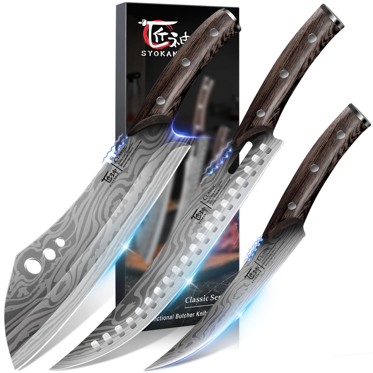 SYOKAMI Butcher Knife Set, 3 PCS Kitchen Knife for Meat Cutting, Cleaver, Breaking & Boning Knife, Japanese Style High Carbon Steel Kitchen Knife for Chopping, Slicing, Deboning, House Warming Gifts