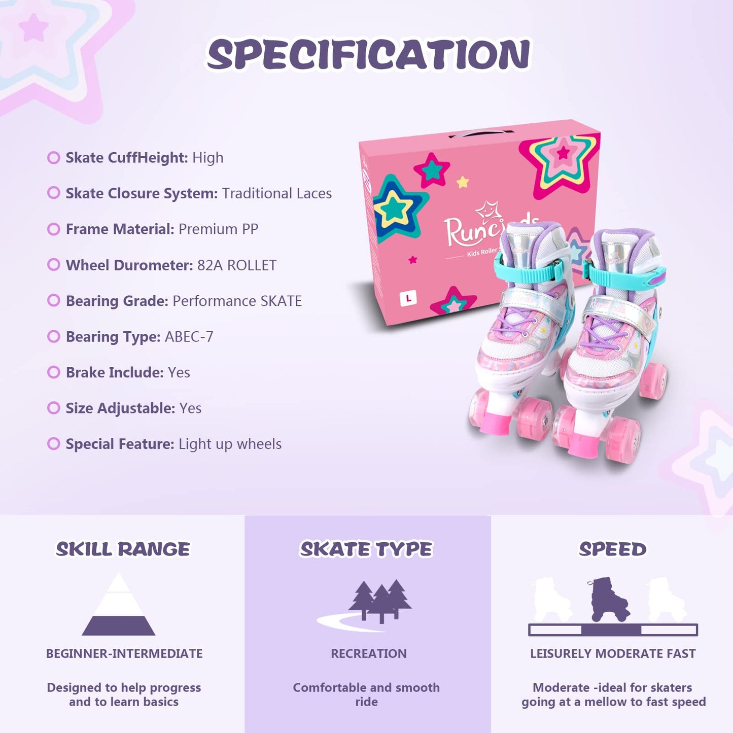 Runcinds Toddler Roller Skates for Girls Kids, 4 Size Adjustable Kids Roller Skates for Little Girls with Light Up Wheels