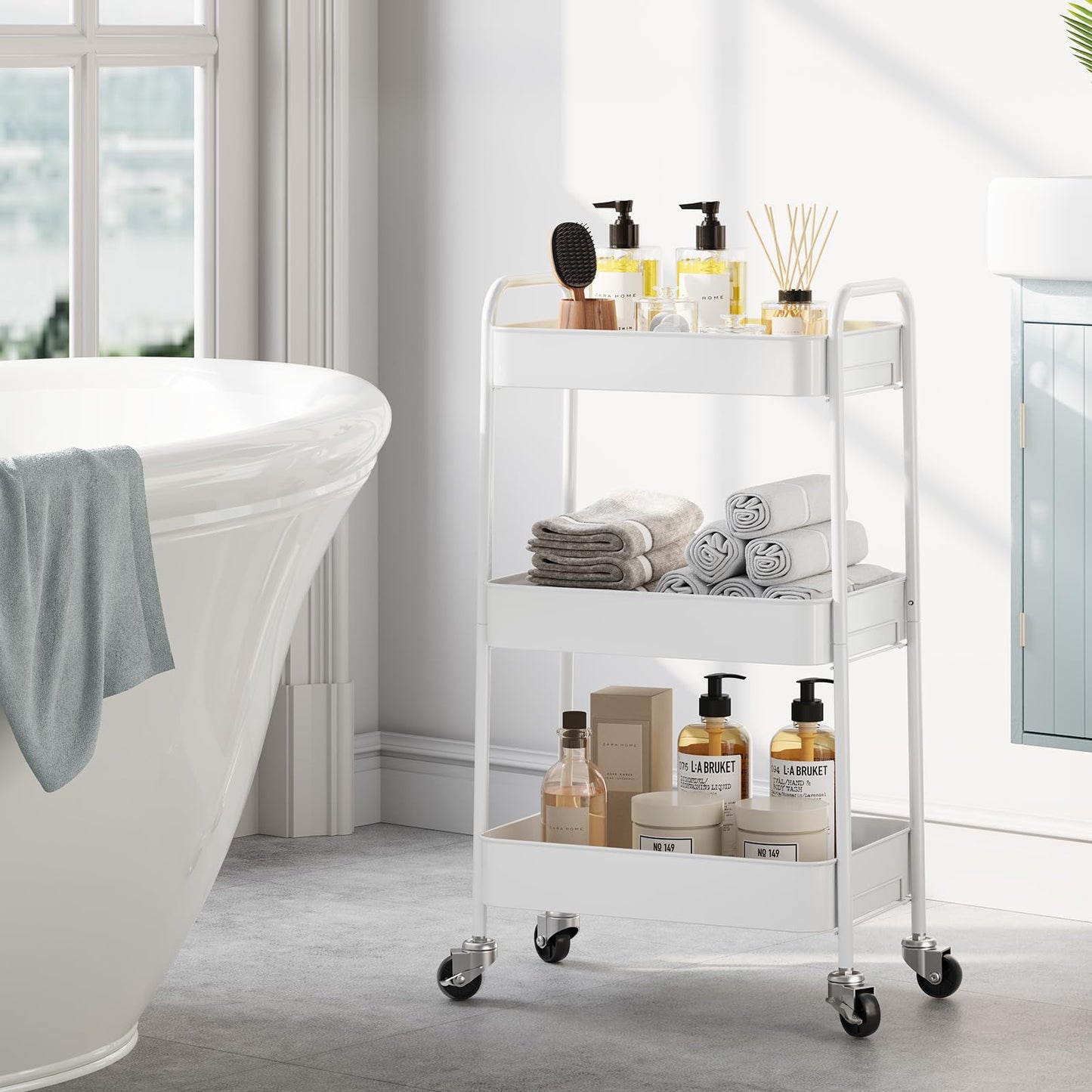 TOOLF 3-Tier Rolling Cart, Metal Utility Cart with Lockable Wheels, Storage Craft Art Cart Trolley Organizer Serving Cart Easy Assembly for Office, Bathroom, Kitchen, Kids' Room, Classroom (White)