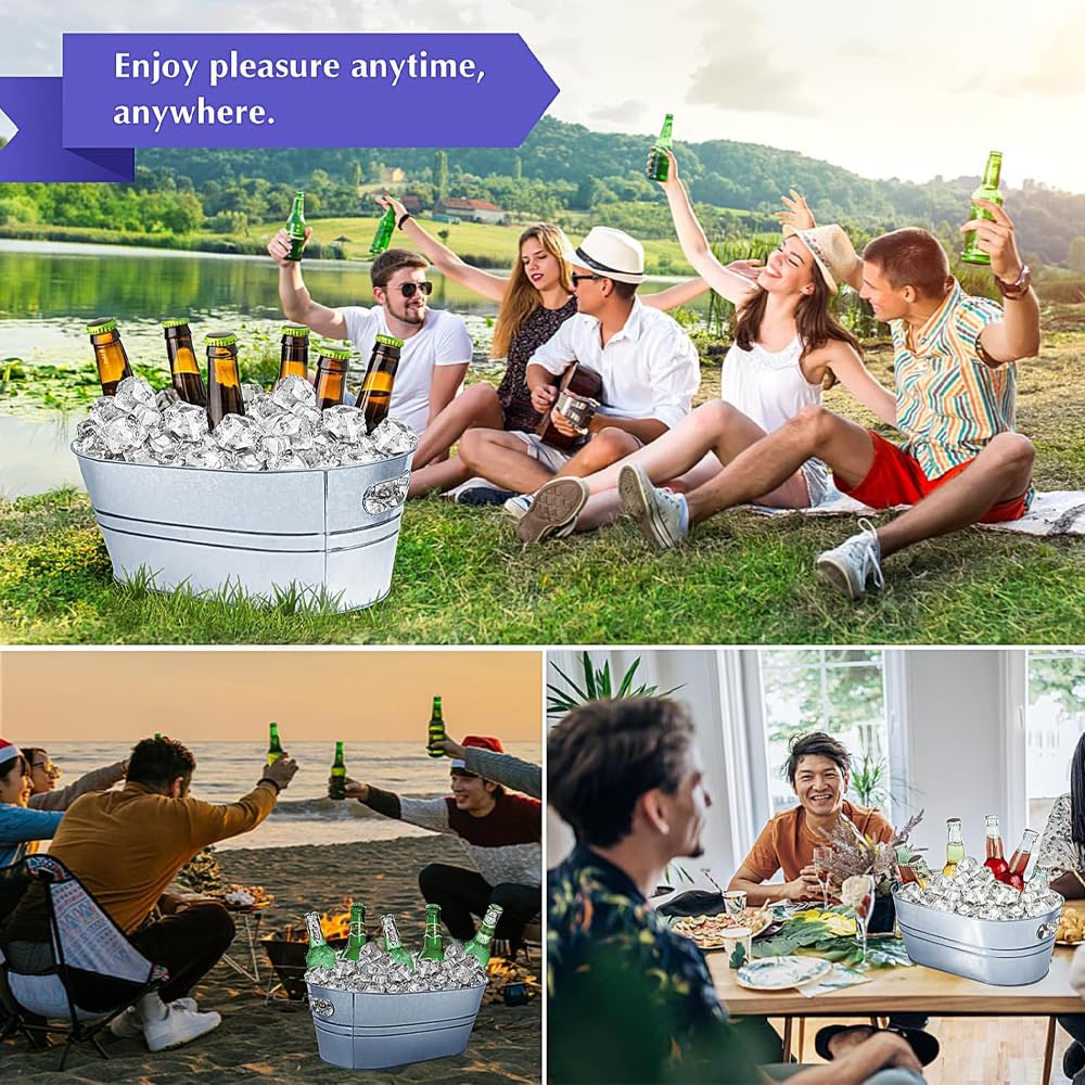 4 Pack Galvanized Tub Beverage Tubs, 4 Gallon Large Ice Buckets with Carry Beer Drink Storage Cooler Metal Beverage Ice Tub, for Parties and Cocktail Bar Mimosa Bsupplies