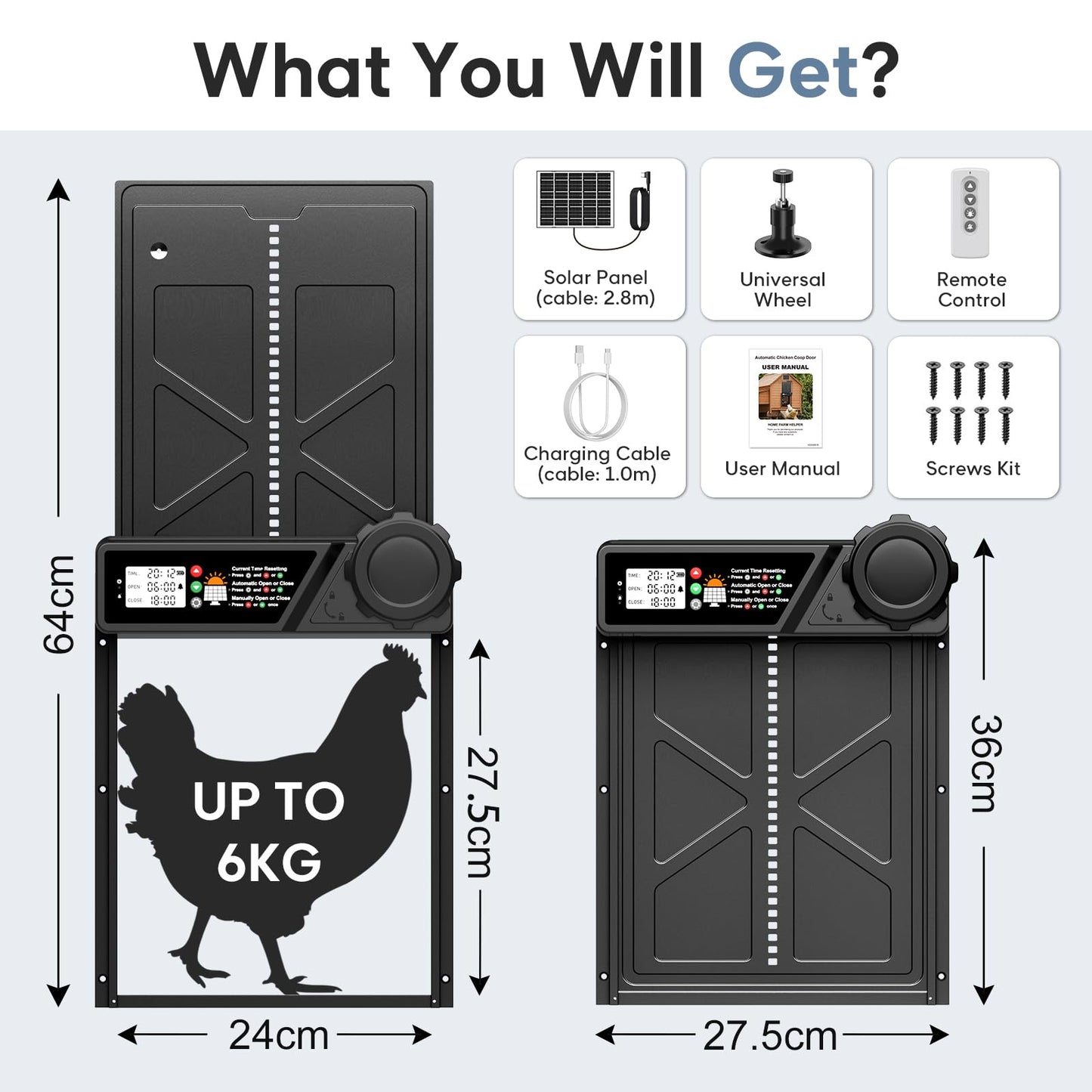 Large Automatic Chicken Coop Door Solar Powered, Aluminum Solar Chicken Coop Door with Timer Mode, Premium 7W Solar Panel & Large LCD Display, Advanced Anti-Pinch Design, Range 20M Remote Control