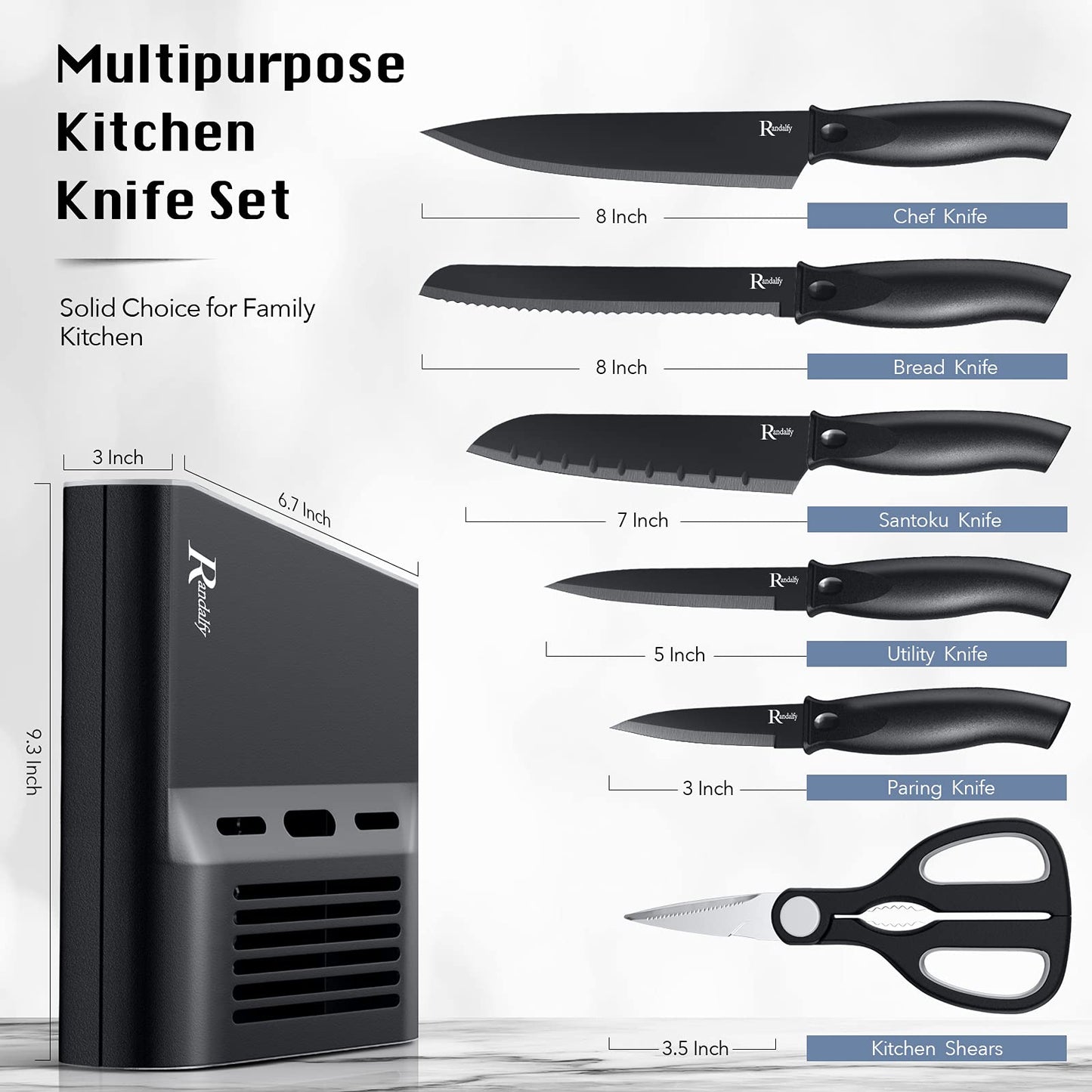 Randalfy Kitchen Knife Set with Block, 7 Pieces Chef Knife Set with Knives, Scissor, Block for Meat/Vegetables/Fruits Chopping, Slicing, Dicing&Cutting, Black
