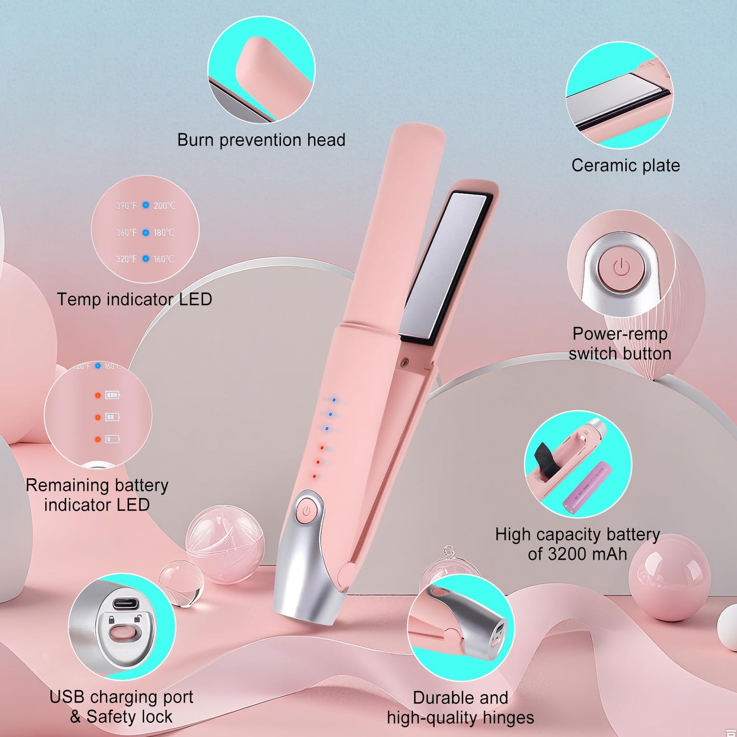 Cordless Hair Straightener for Women Cordless MINI Iron Portable Pink Hair Straightener,Fast Heating to 200°C Max Temperature Portable Straightener 2 in 1 for Hair Straightening and Curling